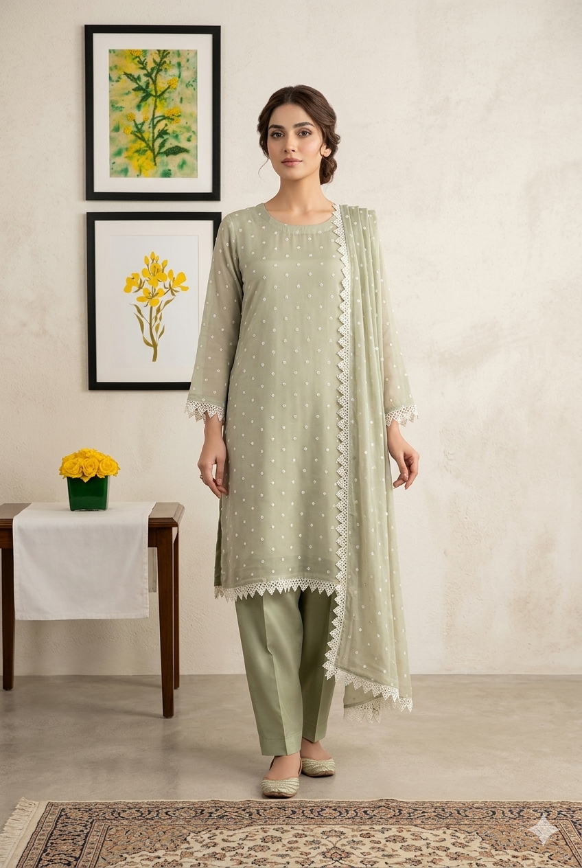 Sage Green Chiffon 3-Piece Suit with All-Over Embroidery & Scalloped Lace Borders