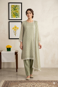 Sage Green Chiffon 3-Piece Suit with All-Over Embroidery & Scalloped Lace Borders