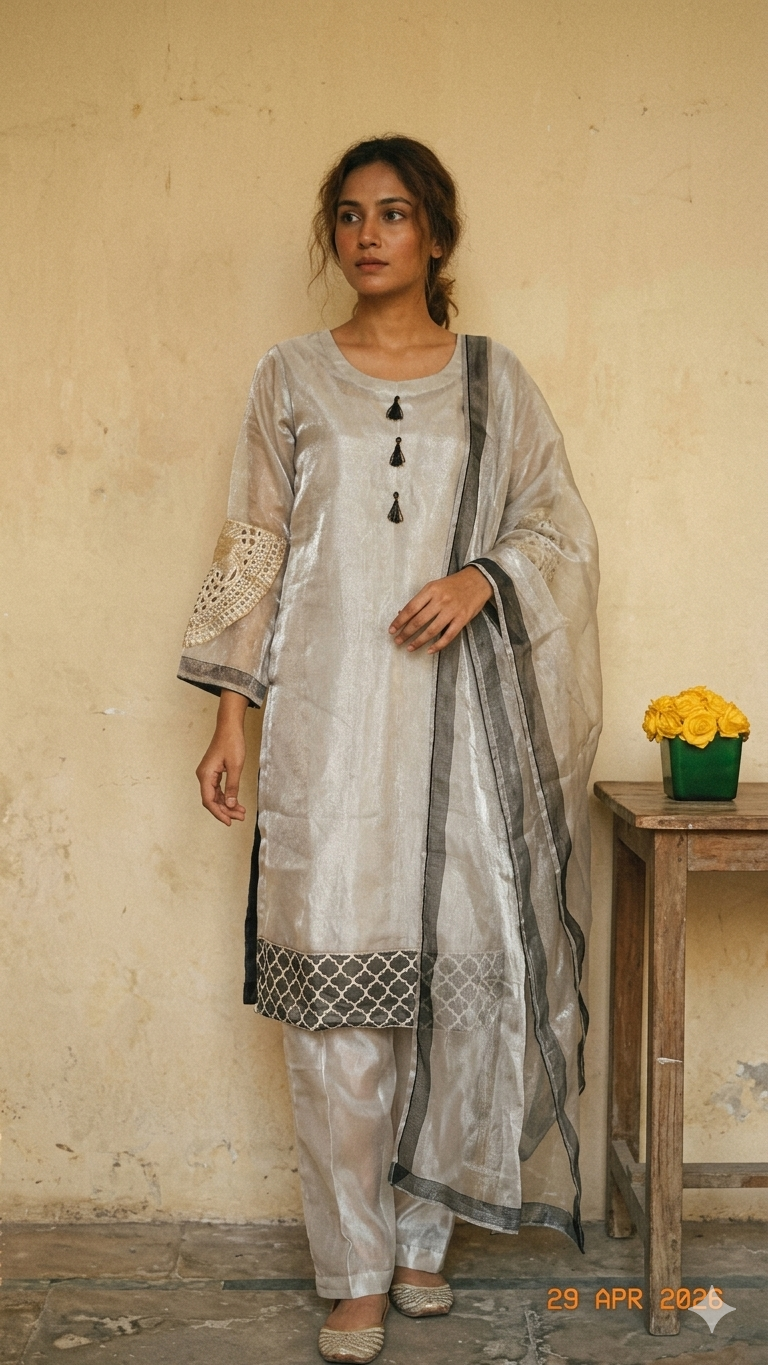 Silver-Grey Shimmer Organza 3-Piece Suit with Geometric Border & Lace Sleeves