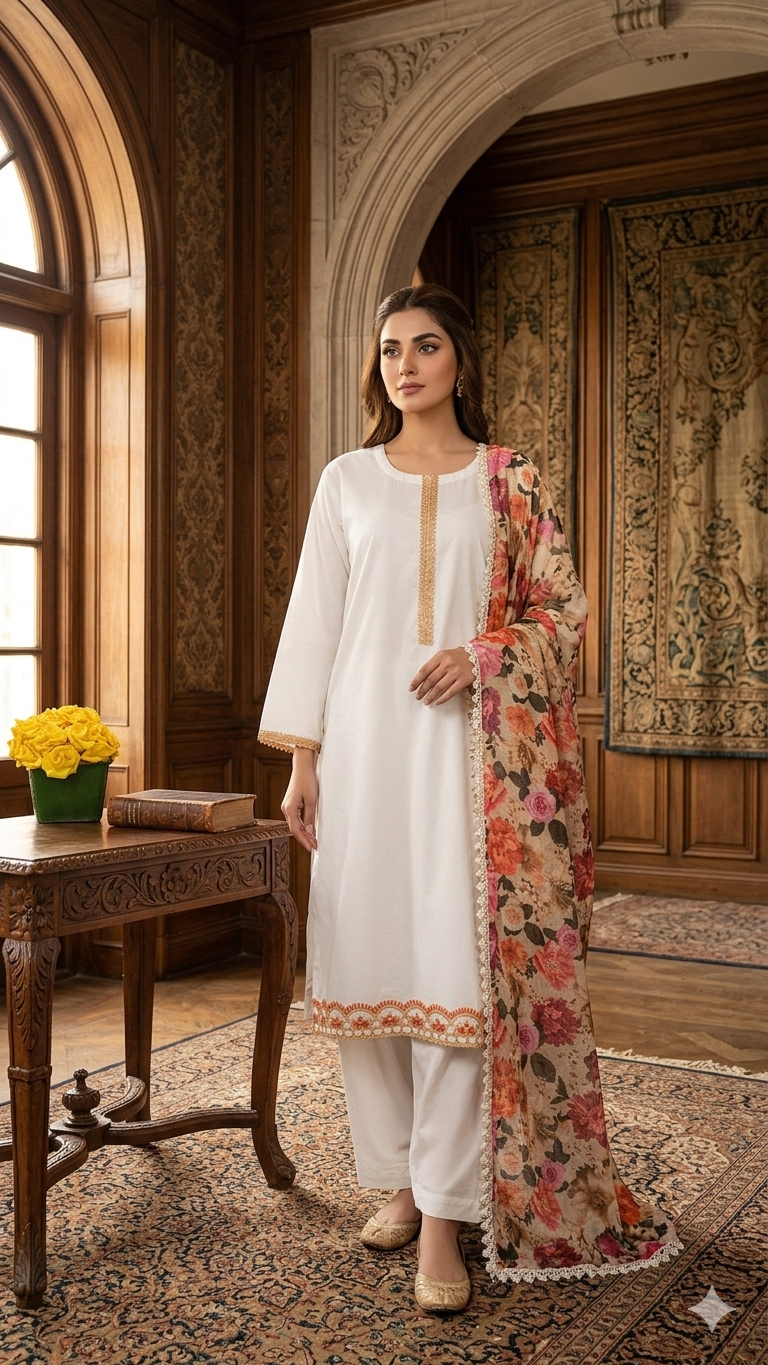 Classic White Cotton 3-Piece Suit with Lace Detailing & Floral Print Dupatta