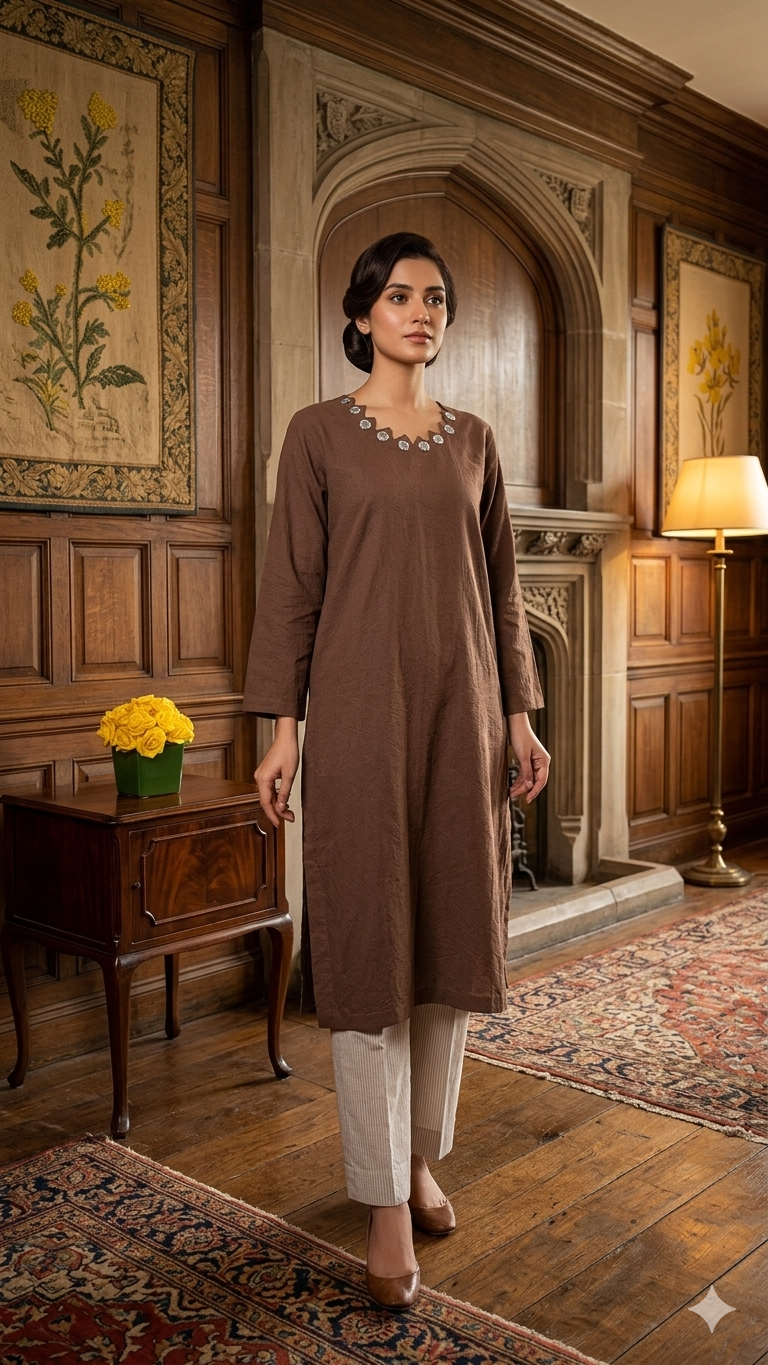 Chocolate Brown Linen-Blend Long Kurta with Mirror-Work Neckline & Striped Trousers