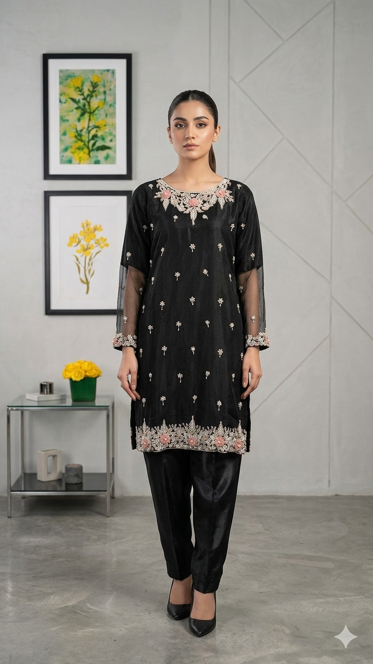 Midnight Black Embroidered Organza 3-Piece Suit with Floral Neckline & Sheer Sleeves