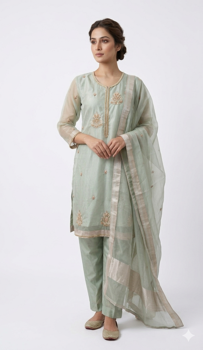 Mint Green Embroidered Organza 3-Piece Suit with Hand-Beaded Neckline