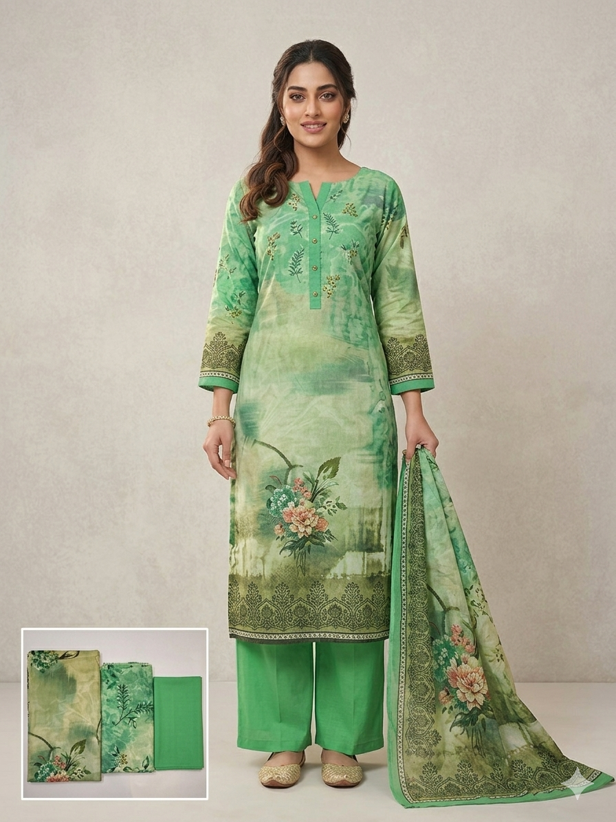 Floral Digital Printed Unstitched 3 pcs Suit