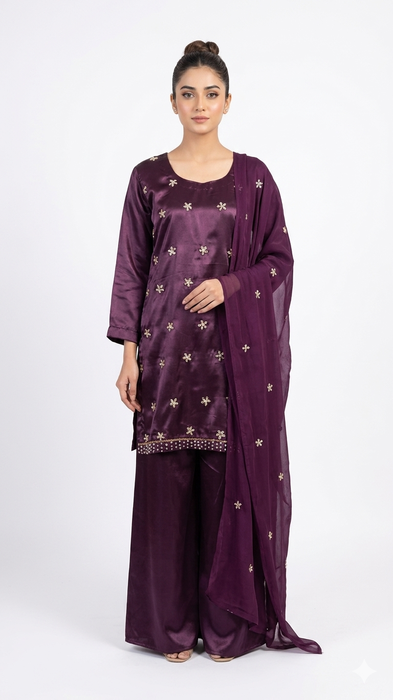 Deep Plum Metallic Silk 3-Piece Suit with Starburst Embroidery & Palazzo Pants