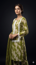 Olive Botanical Print 3-Piece Suit with Bold White Lace Appliqué