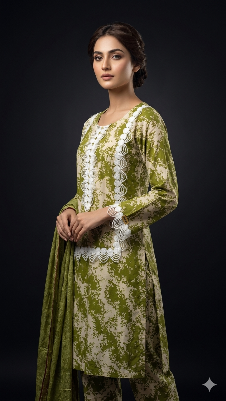Olive Botanical Print 3-Piece Suit with Bold White Lace Appliqué