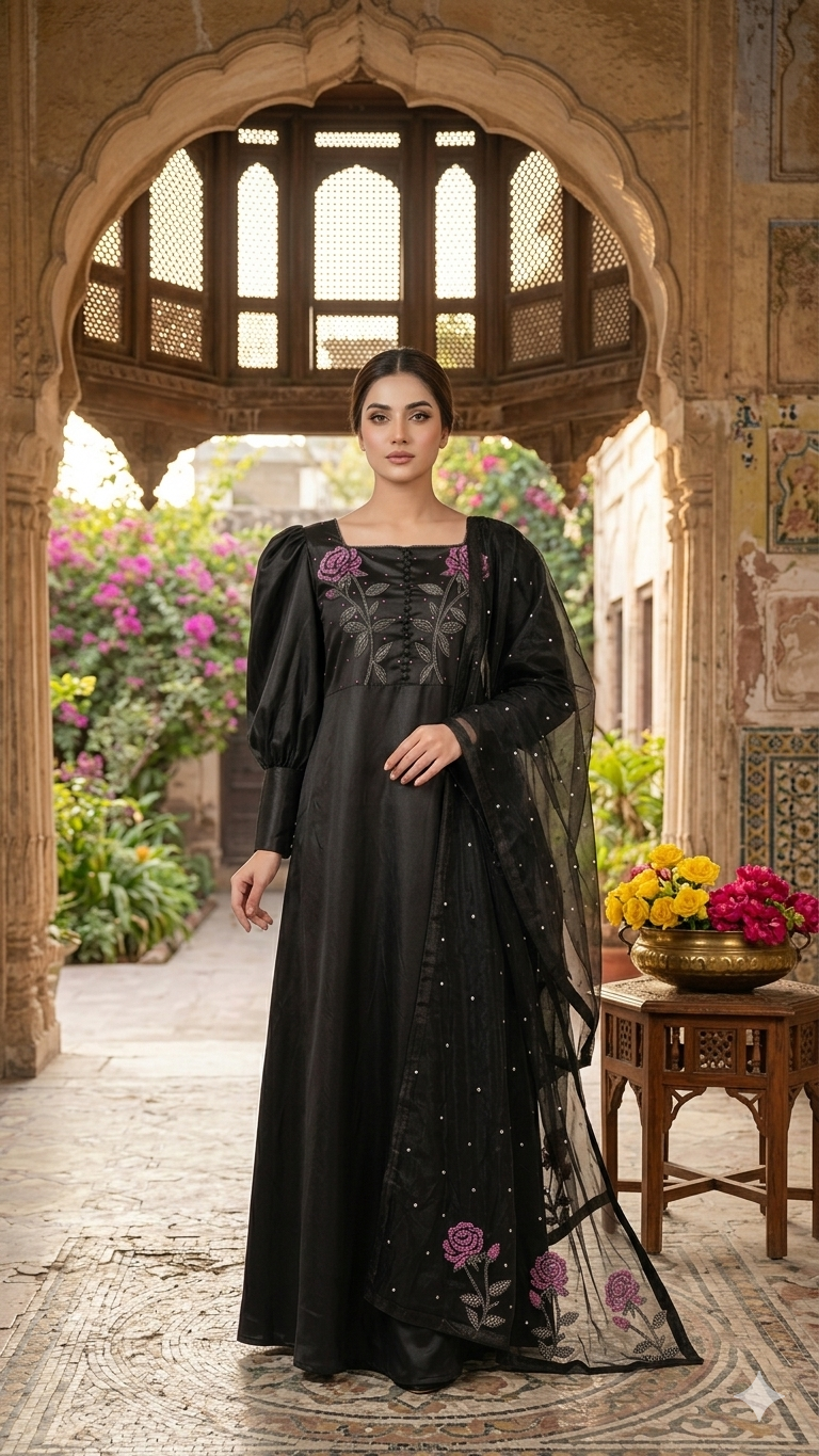 Midnight Black Silk Long Kurta with Rose Hand-Embroidery & Puff Sleeves