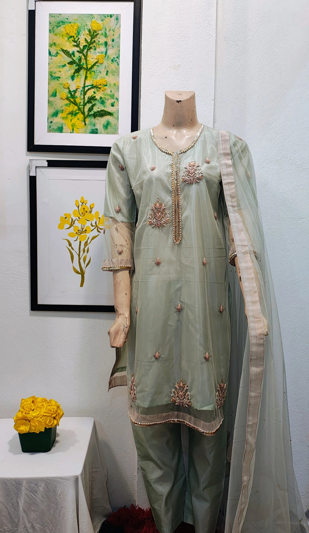 Mint Green Embroidered Organza 3-Piece Suit with Hand-Beaded Neckline