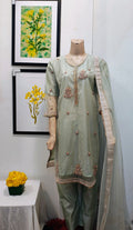 Mint Green Embroidered Organza 3-Piece Suit with Hand-Beaded Neckline