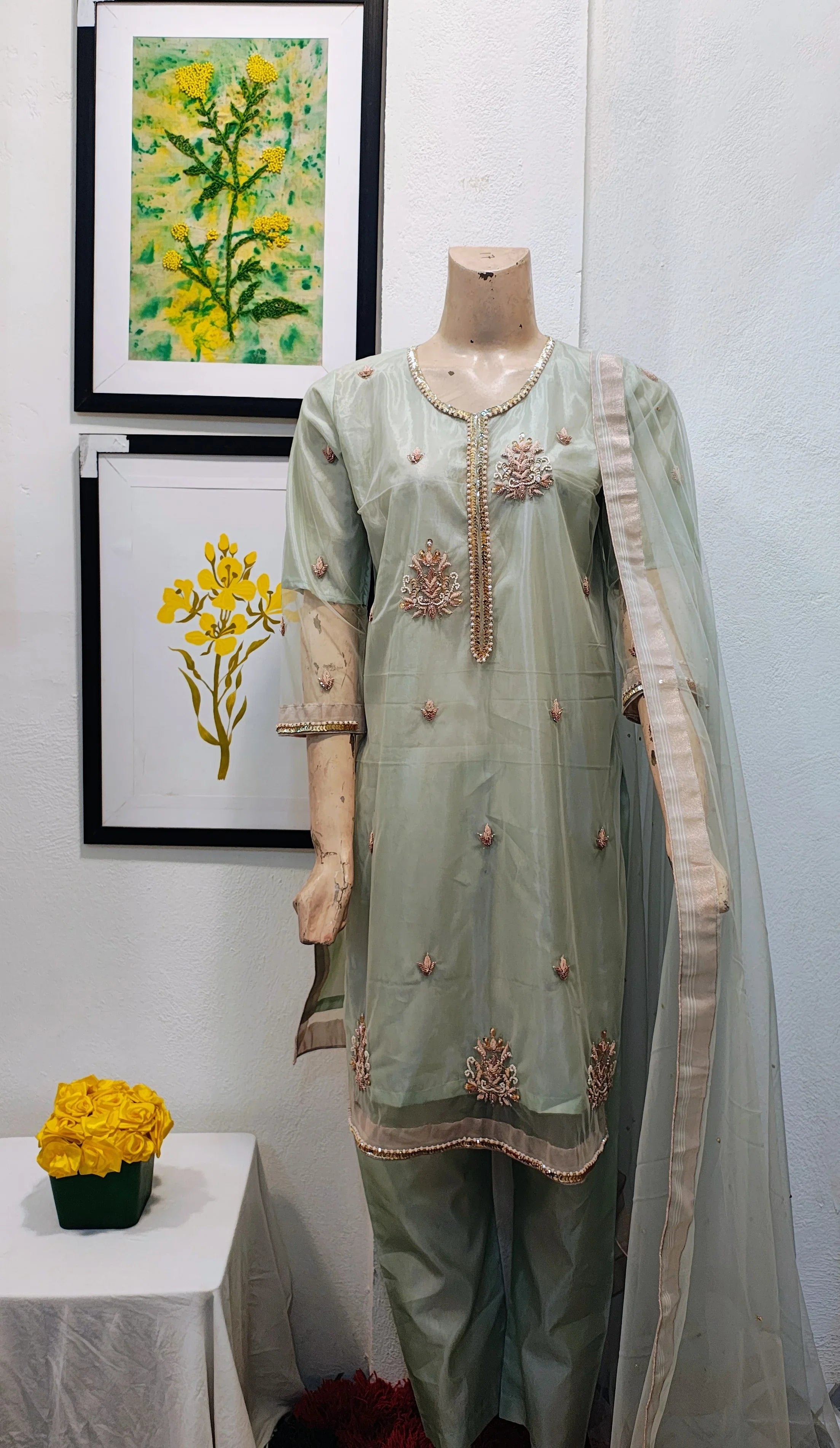 Mint Green Embroidered Organza 3-Piece Suit with Hand-Beaded Neckline