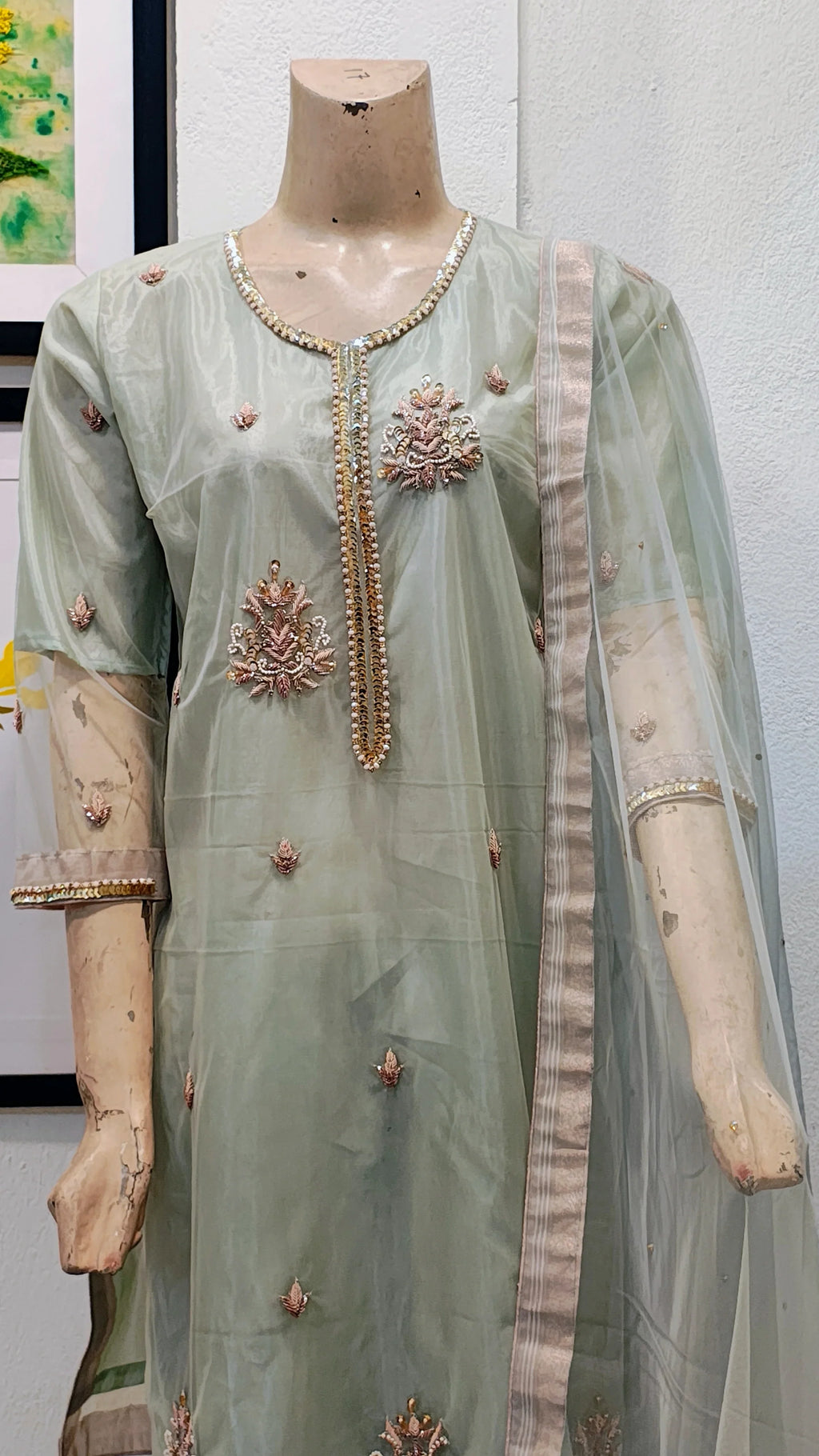 Mint Green Embroidered Organza 3-Piece Suit with Hand-Beaded Neckline