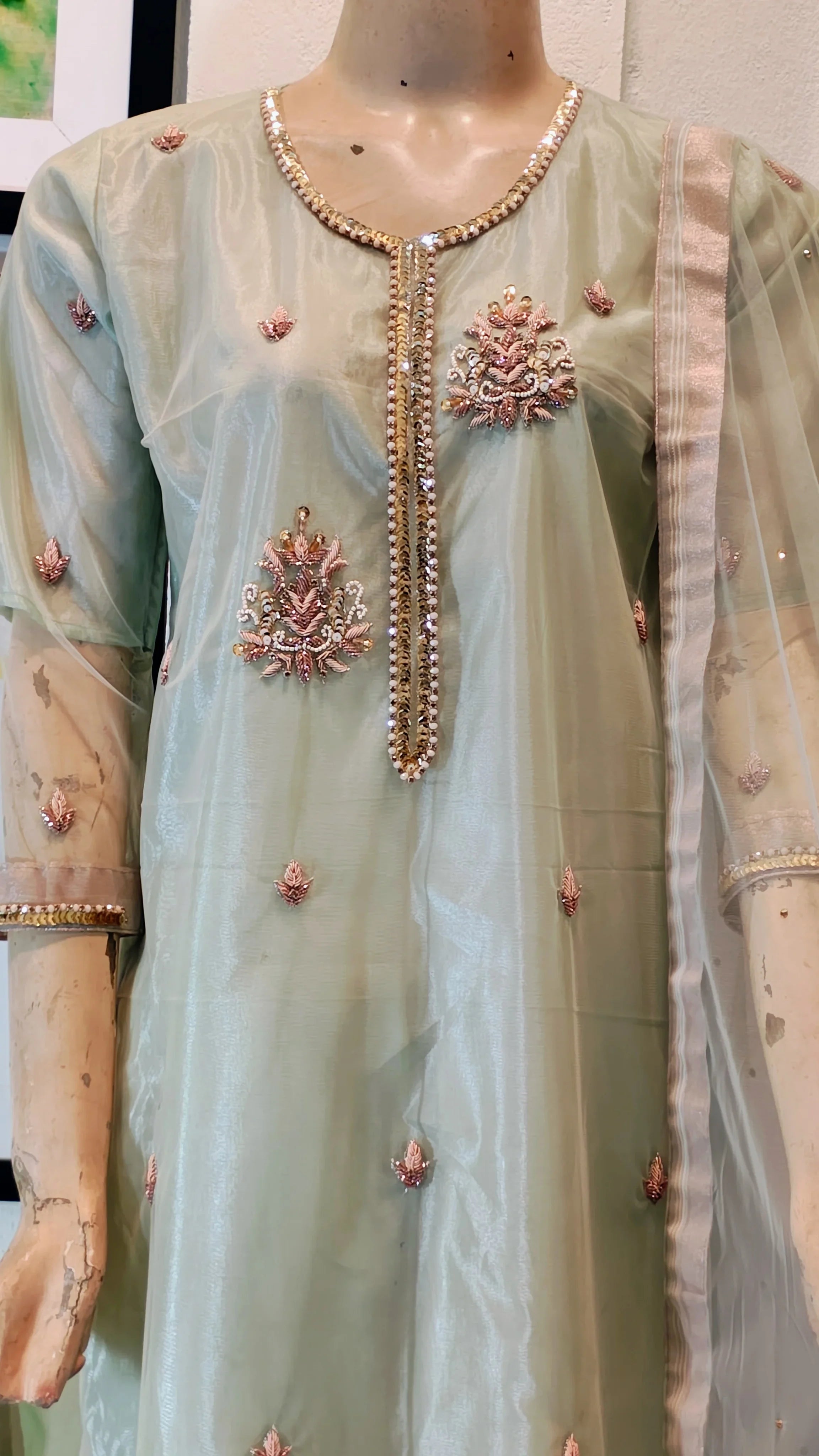 Mint Green Embroidered Organza 3-Piece Suit with Hand-Beaded Neckline