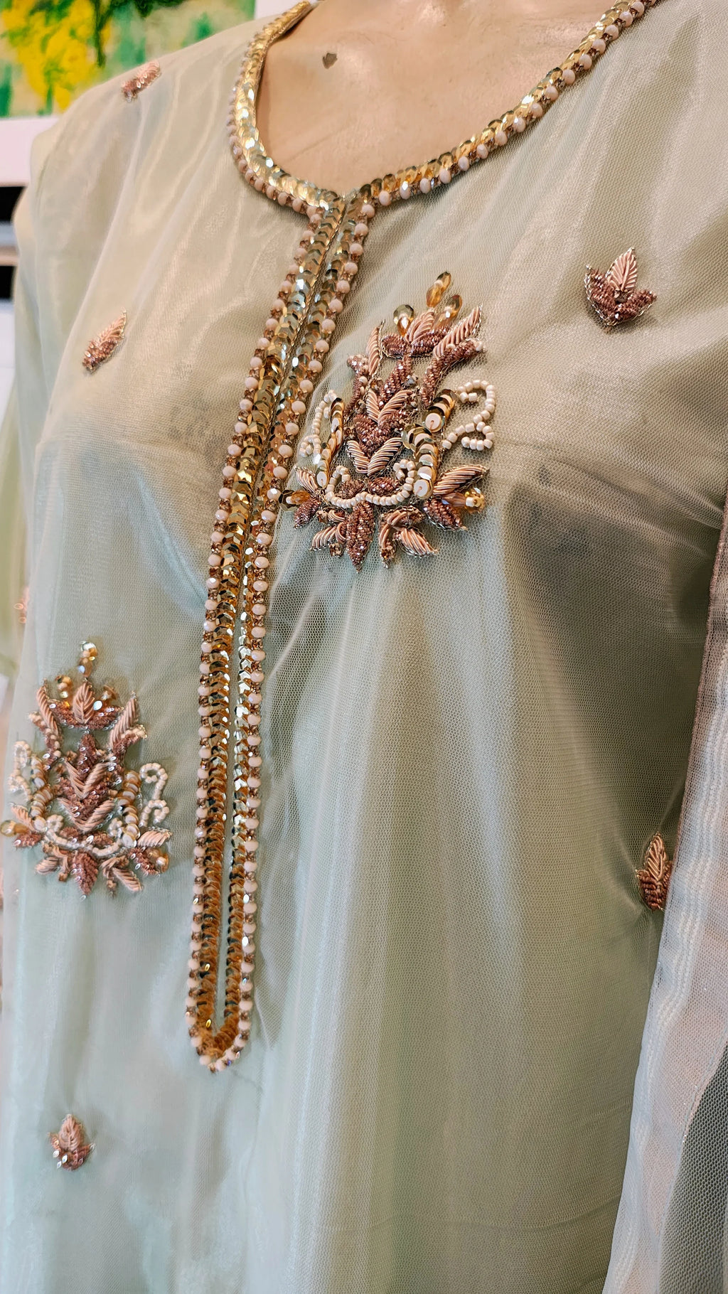 Mint Green Embroidered Organza 3-Piece Suit with Hand-Beaded Neckline