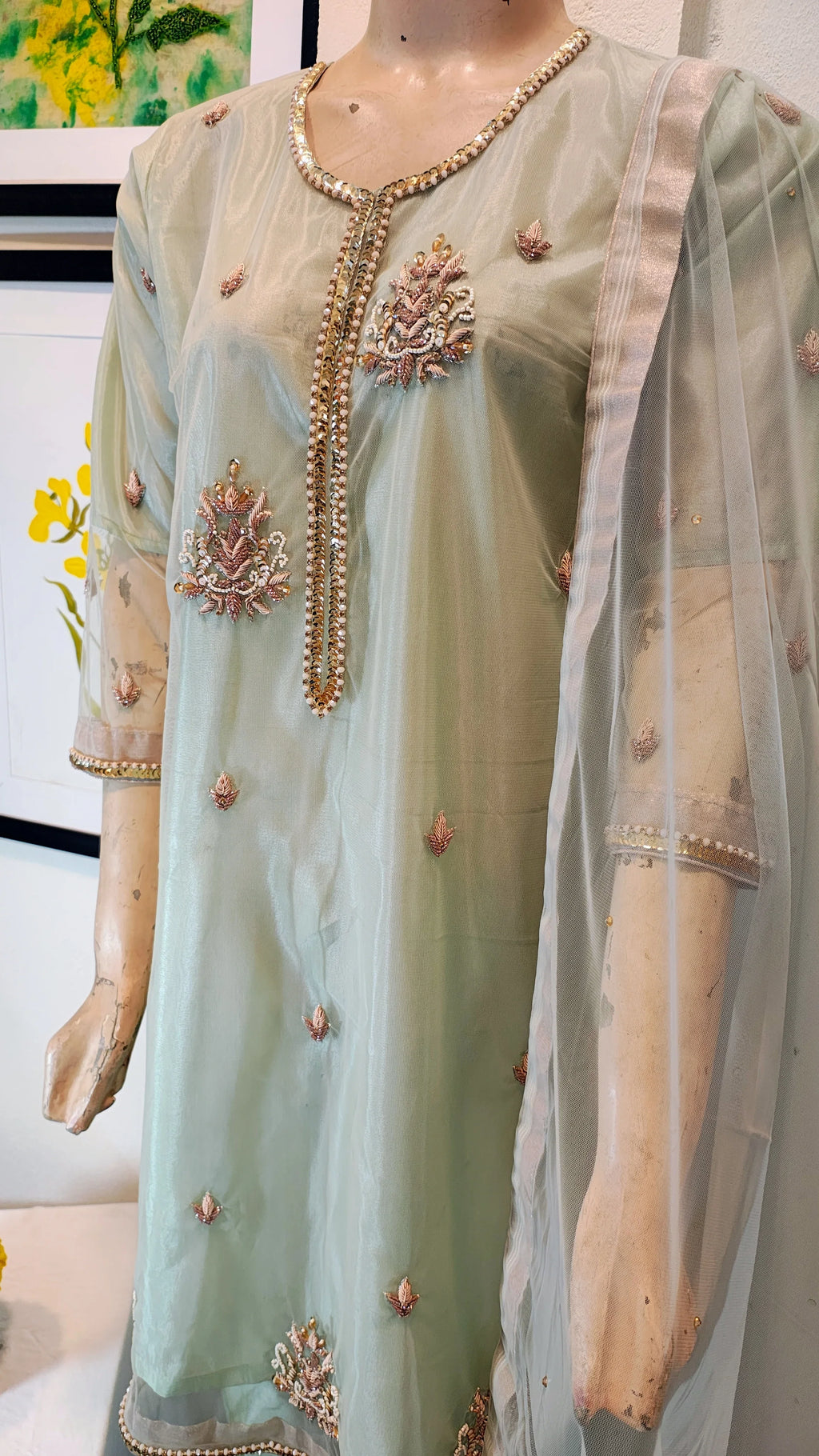 Mint Green Embroidered Organza 3-Piece Suit with Hand-Beaded Neckline