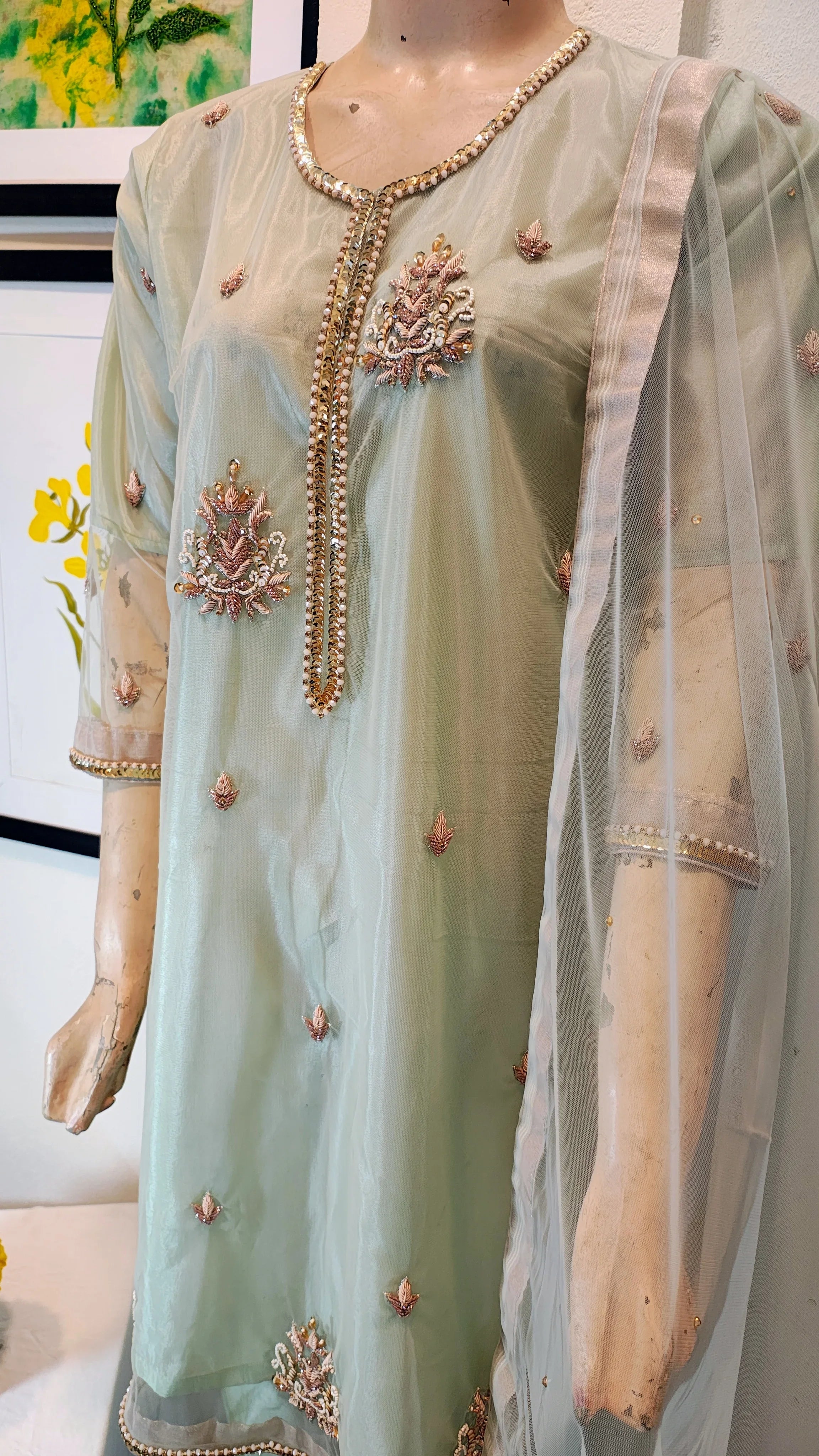 Mint Green Embroidered Organza 3-Piece Suit with Hand-Beaded Neckline