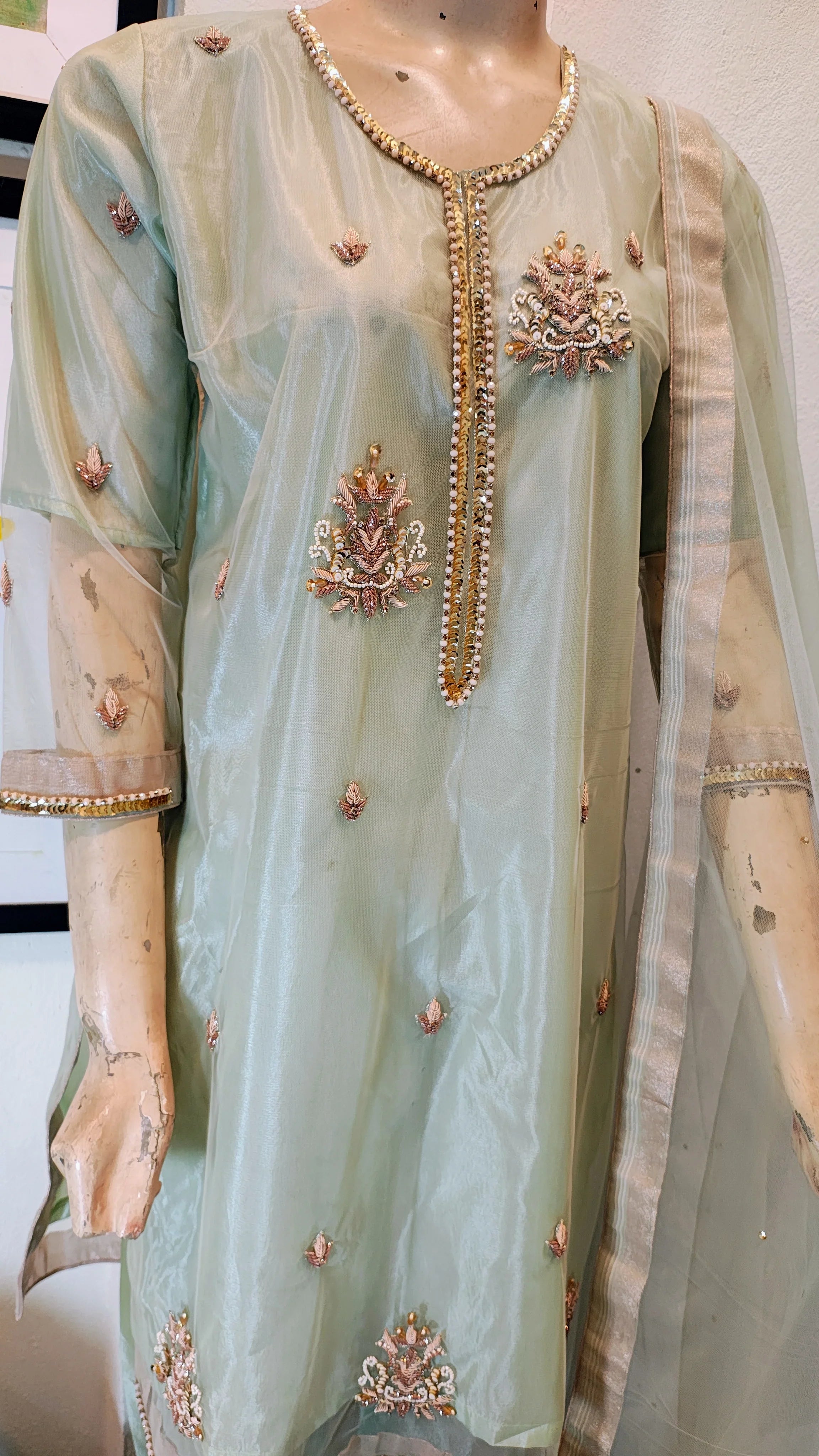 Mint Green Embroidered Organza 3-Piece Suit with Hand-Beaded Neckline