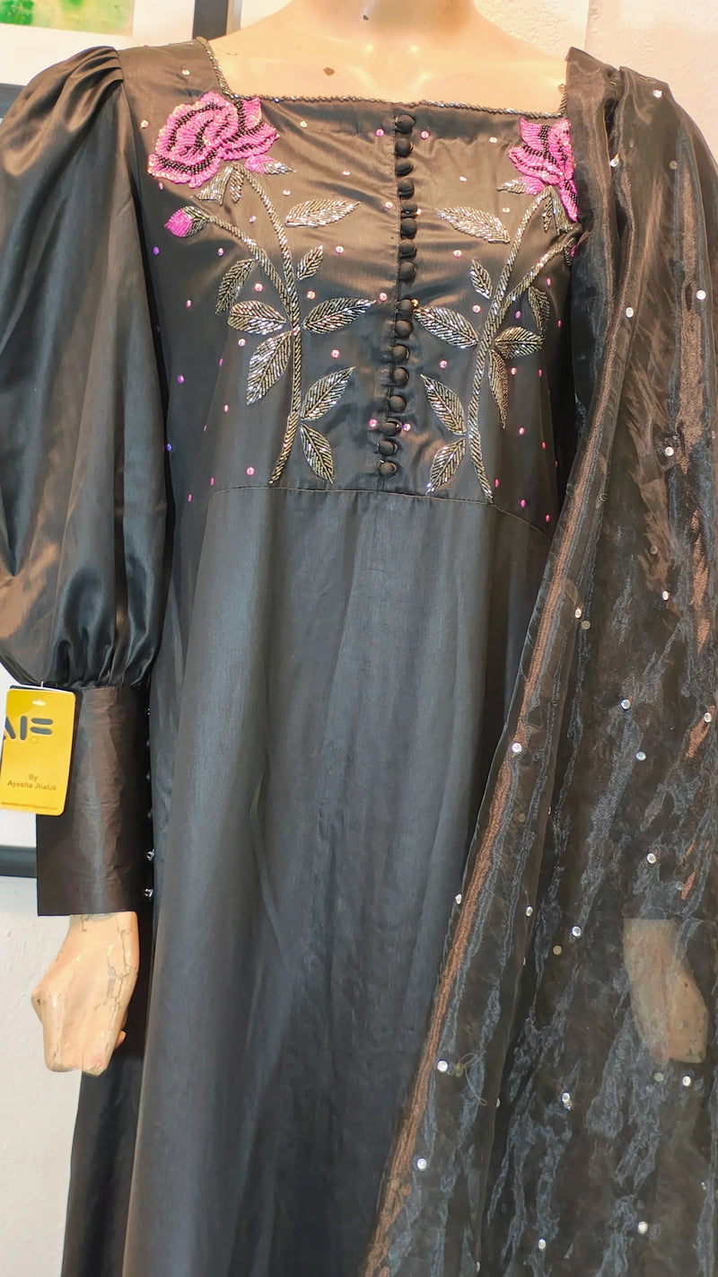 Midnight Black Silk Long Kurta with Rose Hand-Embroidery & Puff Sleeves