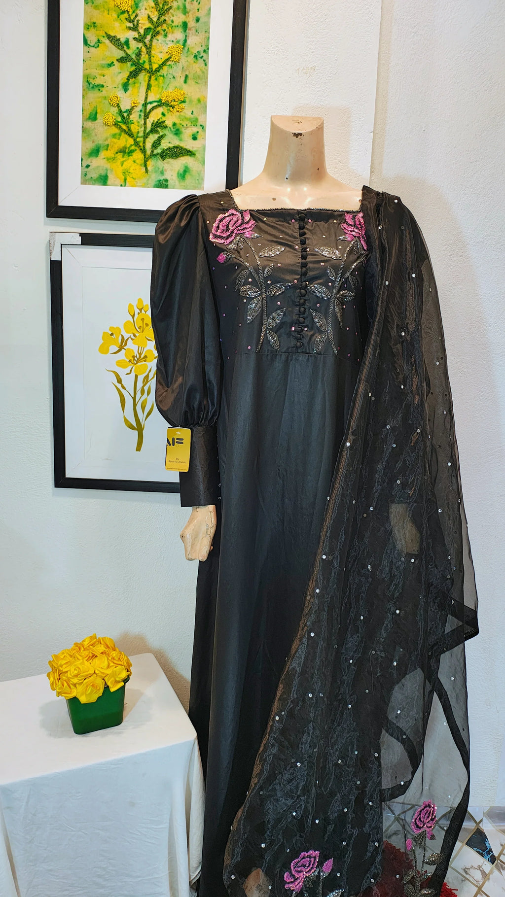 Midnight Black Silk Long Kurta with Rose Hand-Embroidery & Puff Sleeves