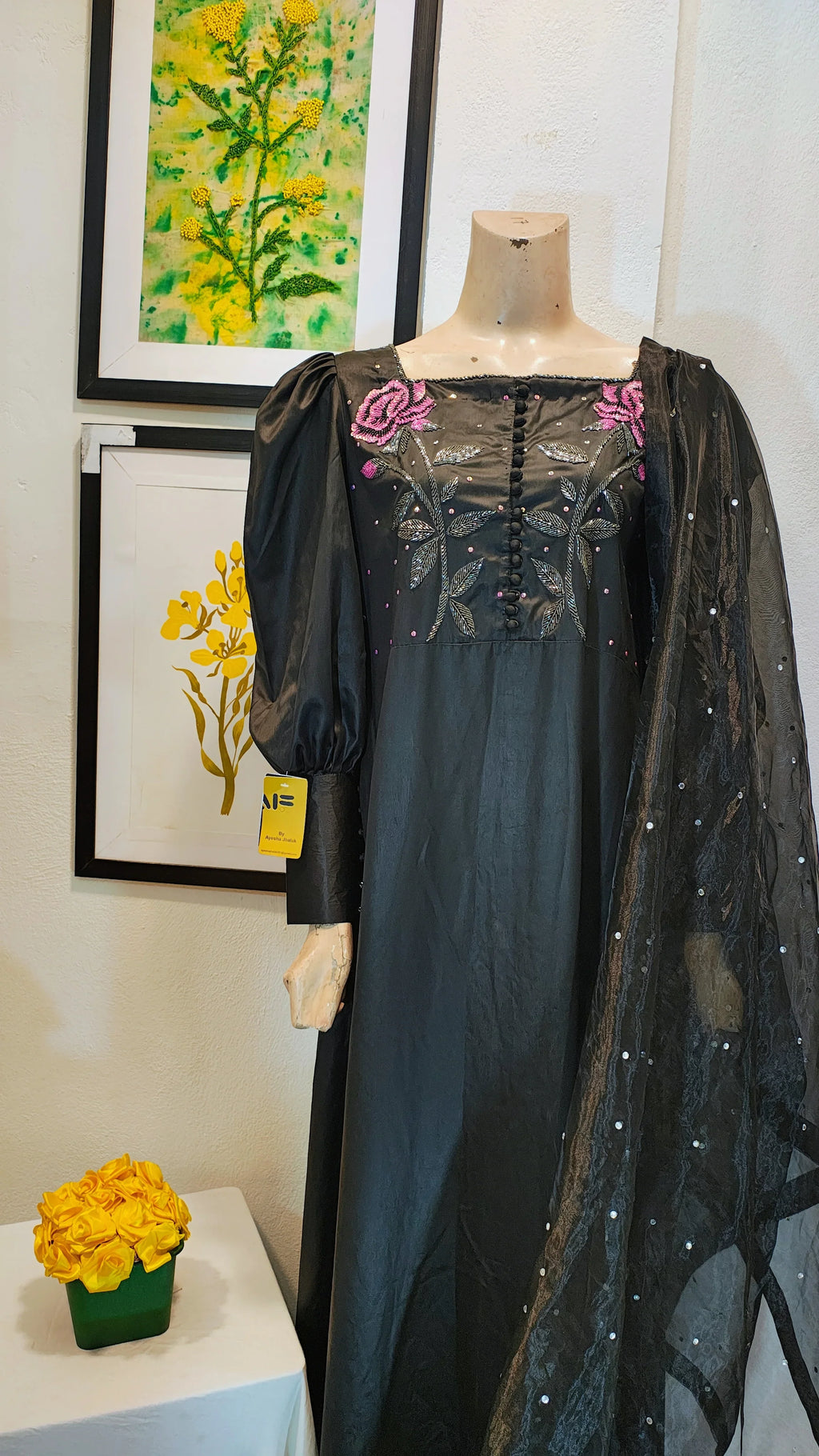 Midnight Black Silk Long Kurta with Rose Hand-Embroidery & Puff Sleeves