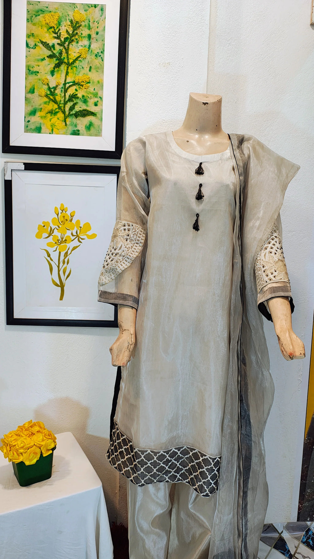 Silver-Grey Shimmer Organza 3-Piece Suit with Geometric Border & Lace Sleeves