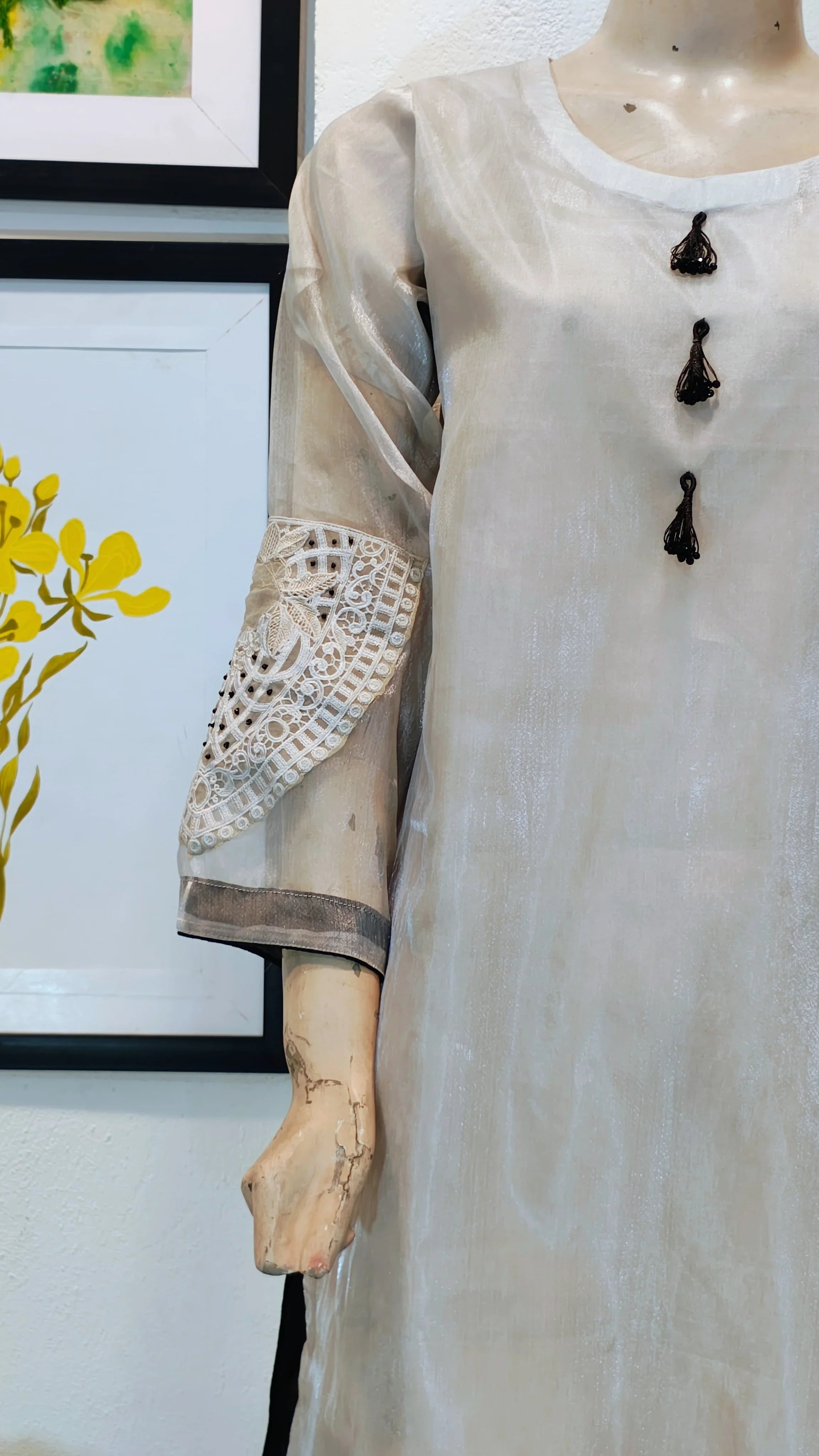 Silver-Grey Shimmer Organza 3-Piece Suit with Geometric Border & Lace Sleeves