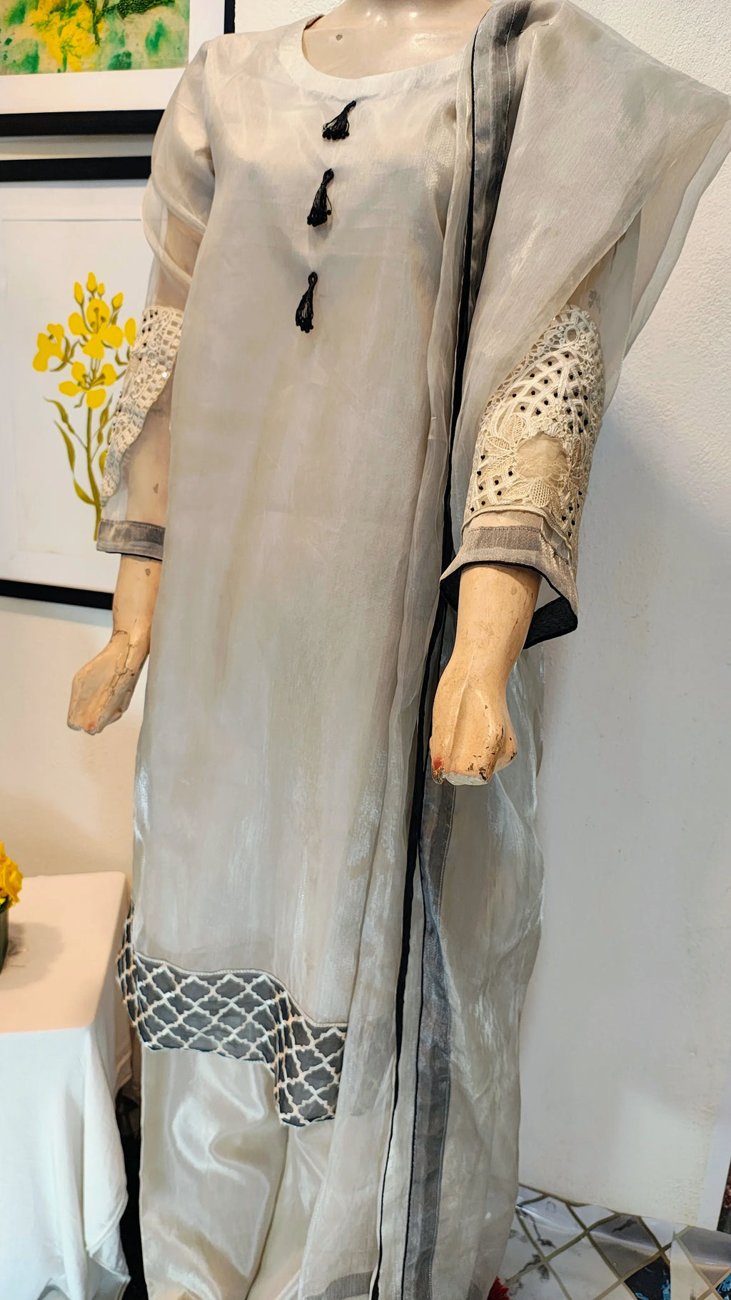 Silver-Grey Shimmer Organza 3-Piece Suit with Geometric Border & Lace Sleeves