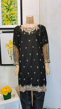 Midnight Black Embroidered Organza 3-Piece Suit with Floral Neckline & Sheer Sleeves