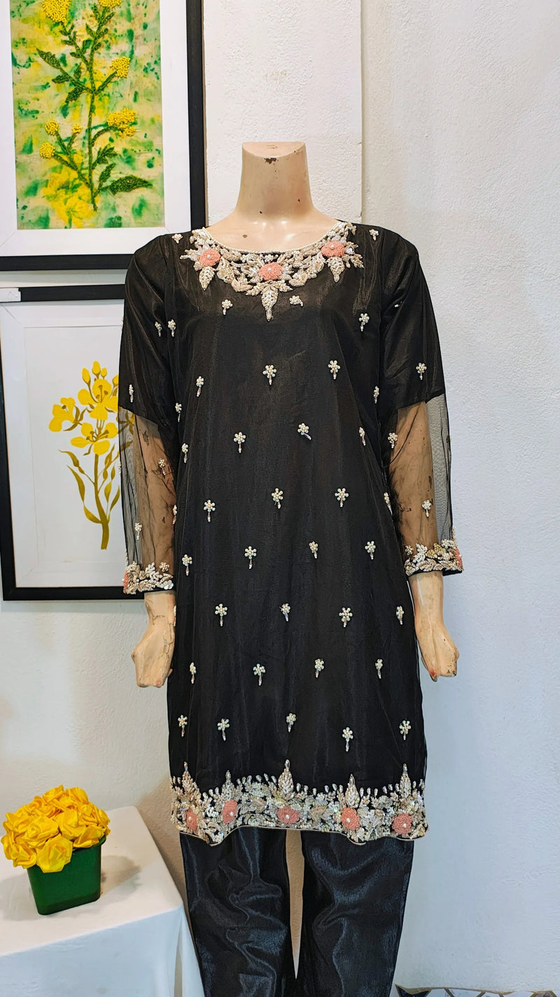 Midnight Black Embroidered Organza 3-Piece Suit with Floral Neckline & Sheer Sleeves