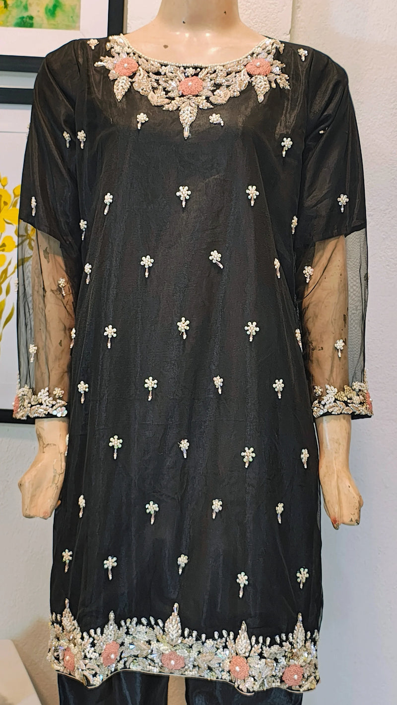 Midnight Black Embroidered Organza 3-Piece Suit with Floral Neckline & Sheer Sleeves