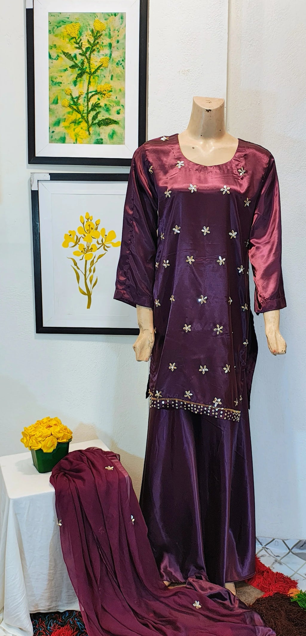 Deep Plum Metallic Silk 3-Piece Suit with Starburst Embroidery & Palazzo Pants