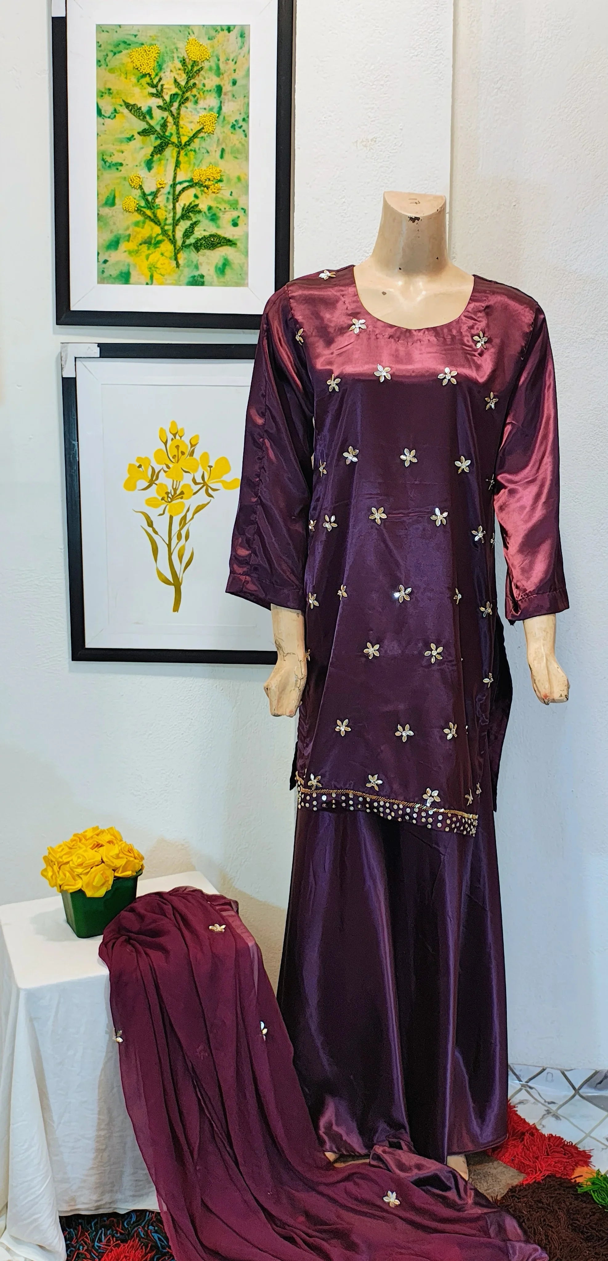 Deep Plum Metallic Silk 3-Piece Suit with Starburst Embroidery & Palazzo Pants