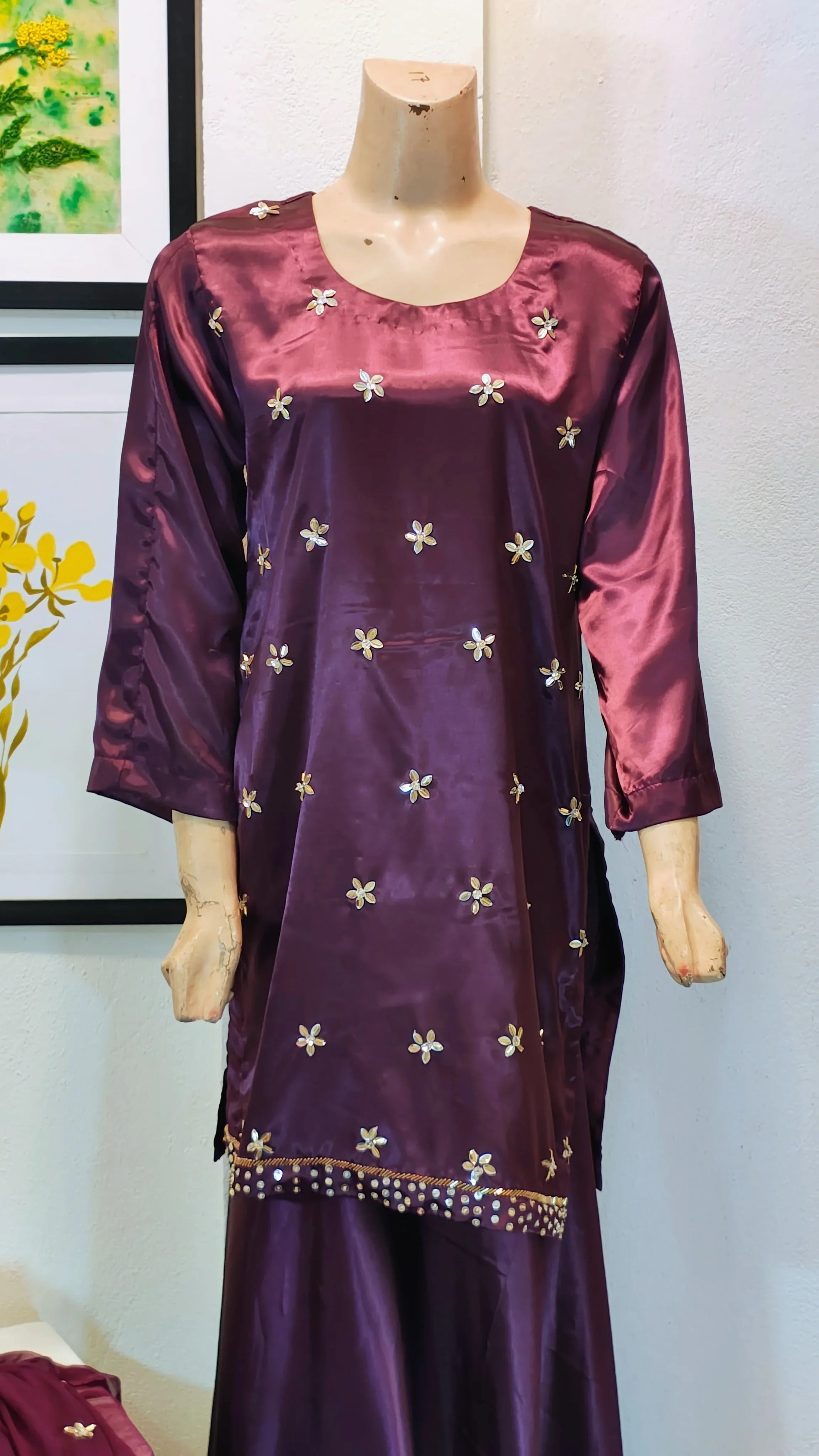 Deep Plum Metallic Silk 3-Piece Suit with Starburst Embroidery & Palazzo Pants
