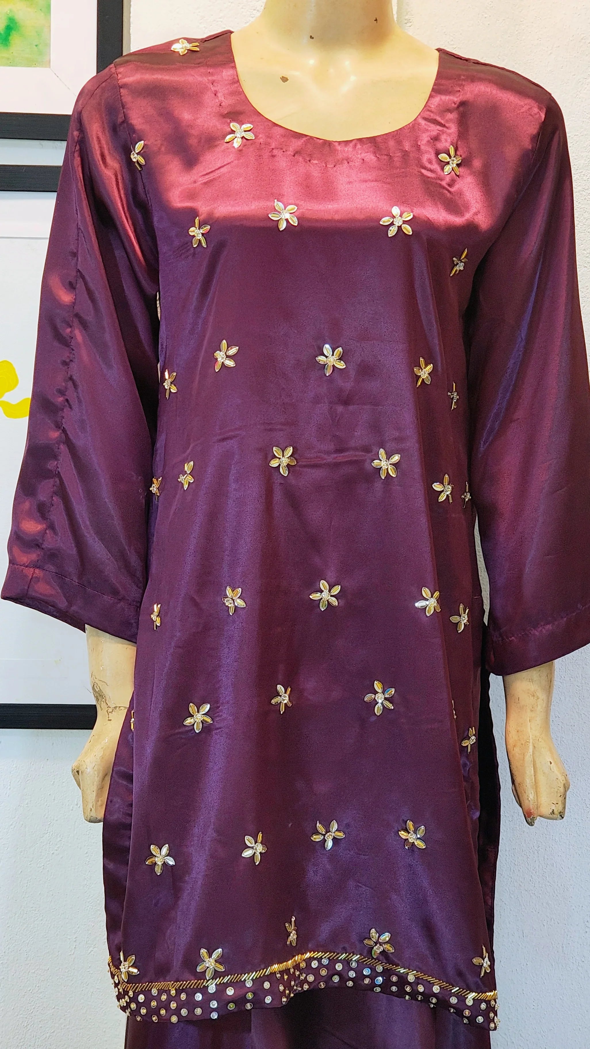 Deep Plum Metallic Silk 3-Piece Suit with Starburst Embroidery & Palazzo Pants
