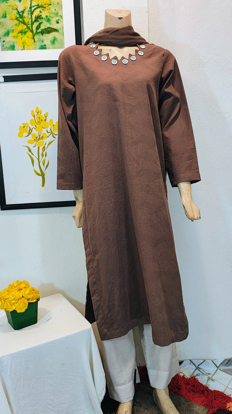 Chocolate Brown Linen-Blend Long Kurta with Mirror-Work Neckline & Striped Trousers