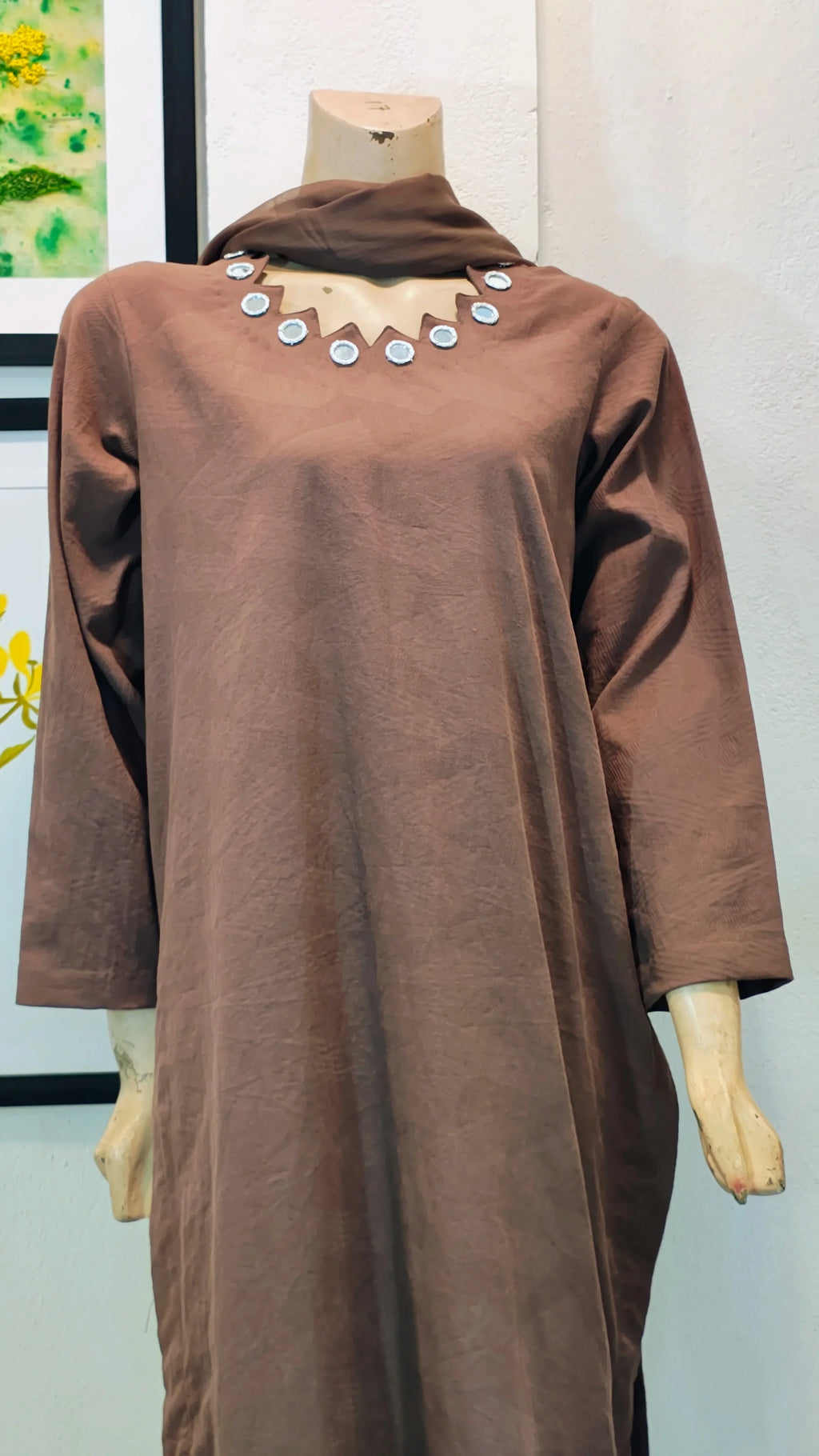 Chocolate Brown Linen-Blend Long Kurta with Mirror-Work Neckline & Striped Trousers