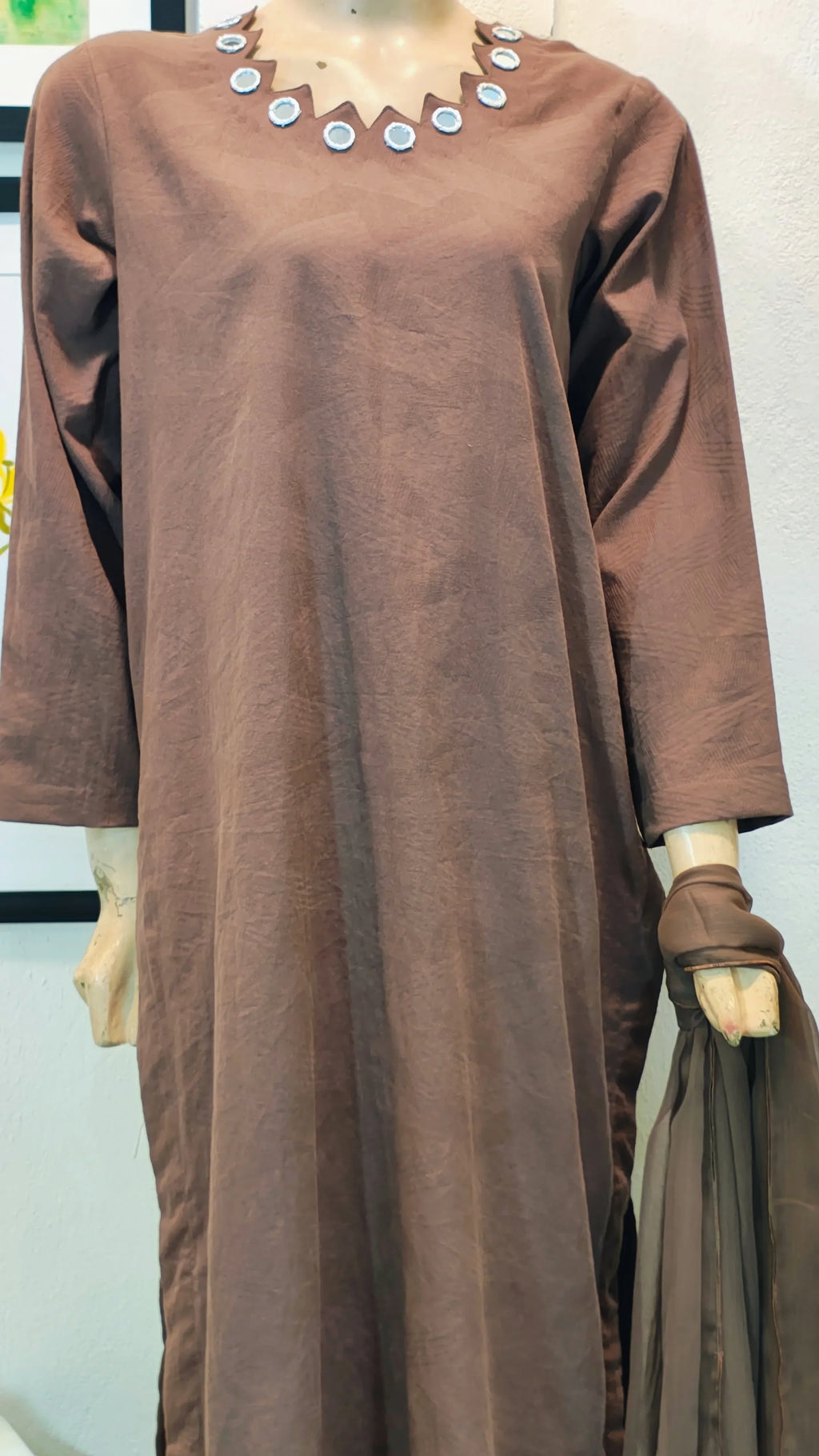 Chocolate Brown Linen-Blend Long Kurta with Mirror-Work Neckline & Striped Trousers