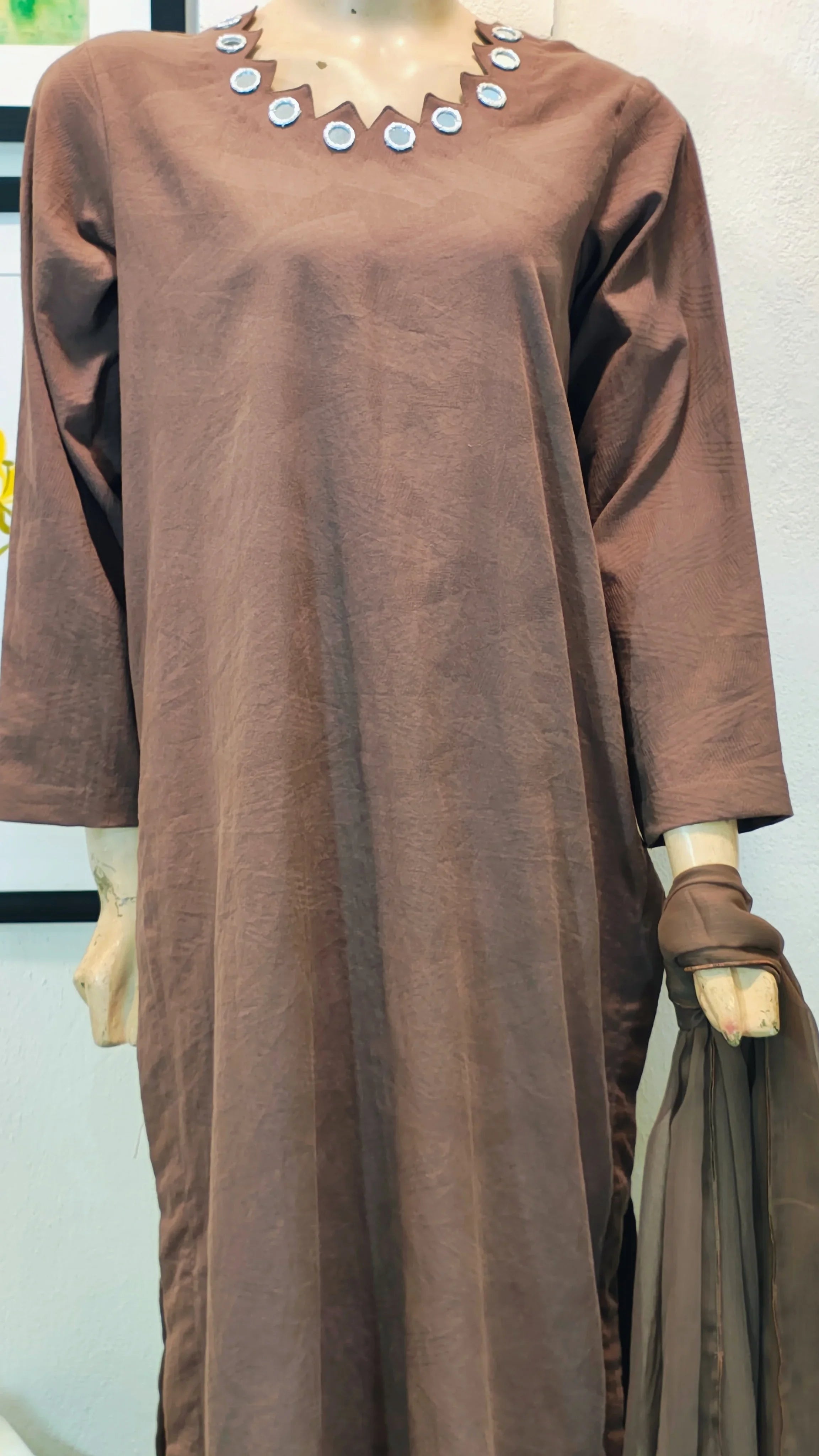 Chocolate Brown Linen-Blend Long Kurta with Mirror-Work Neckline & Striped Trousers