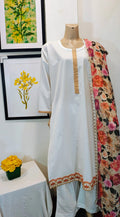 Classic White Cotton 3-Piece Suit with Lace Detailing & Floral Print Dupatta