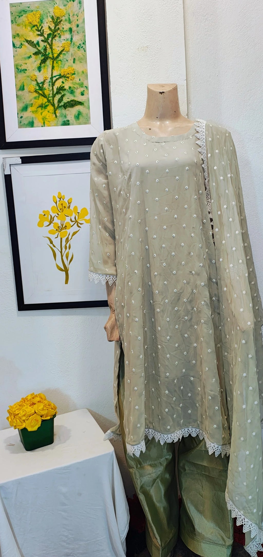 Sage Green Chiffon 3-Piece Suit with All-Over Embroidery & Scalloped Lace Borders
