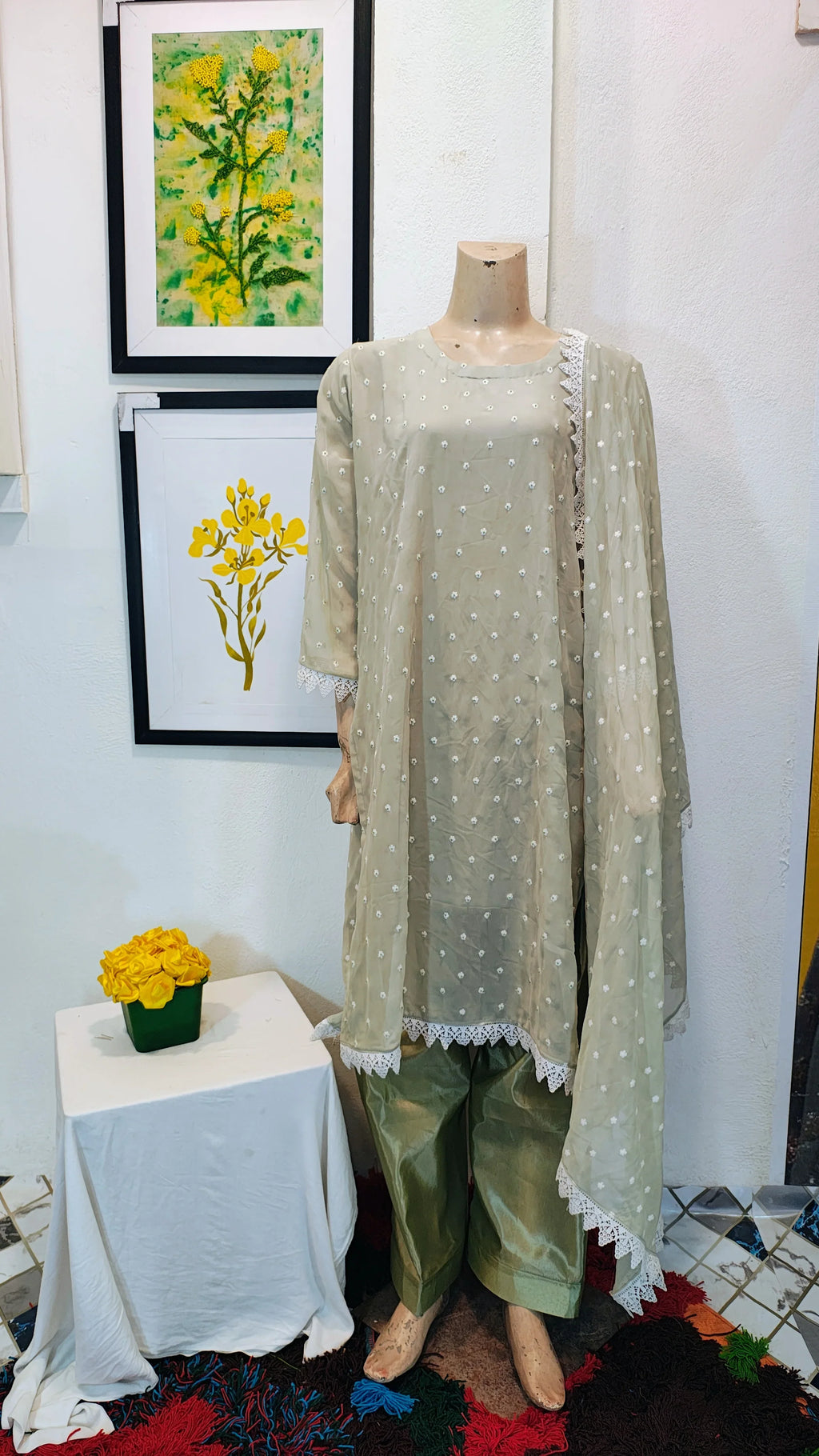 Sage Green Chiffon 3-Piece Suit with All-Over Embroidery & Scalloped Lace Borders