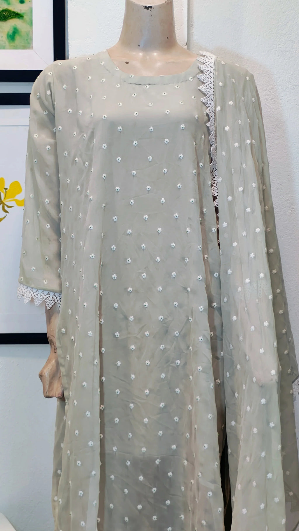Sage Green Chiffon 3-Piece Suit with All-Over Embroidery & Scalloped Lace Borders