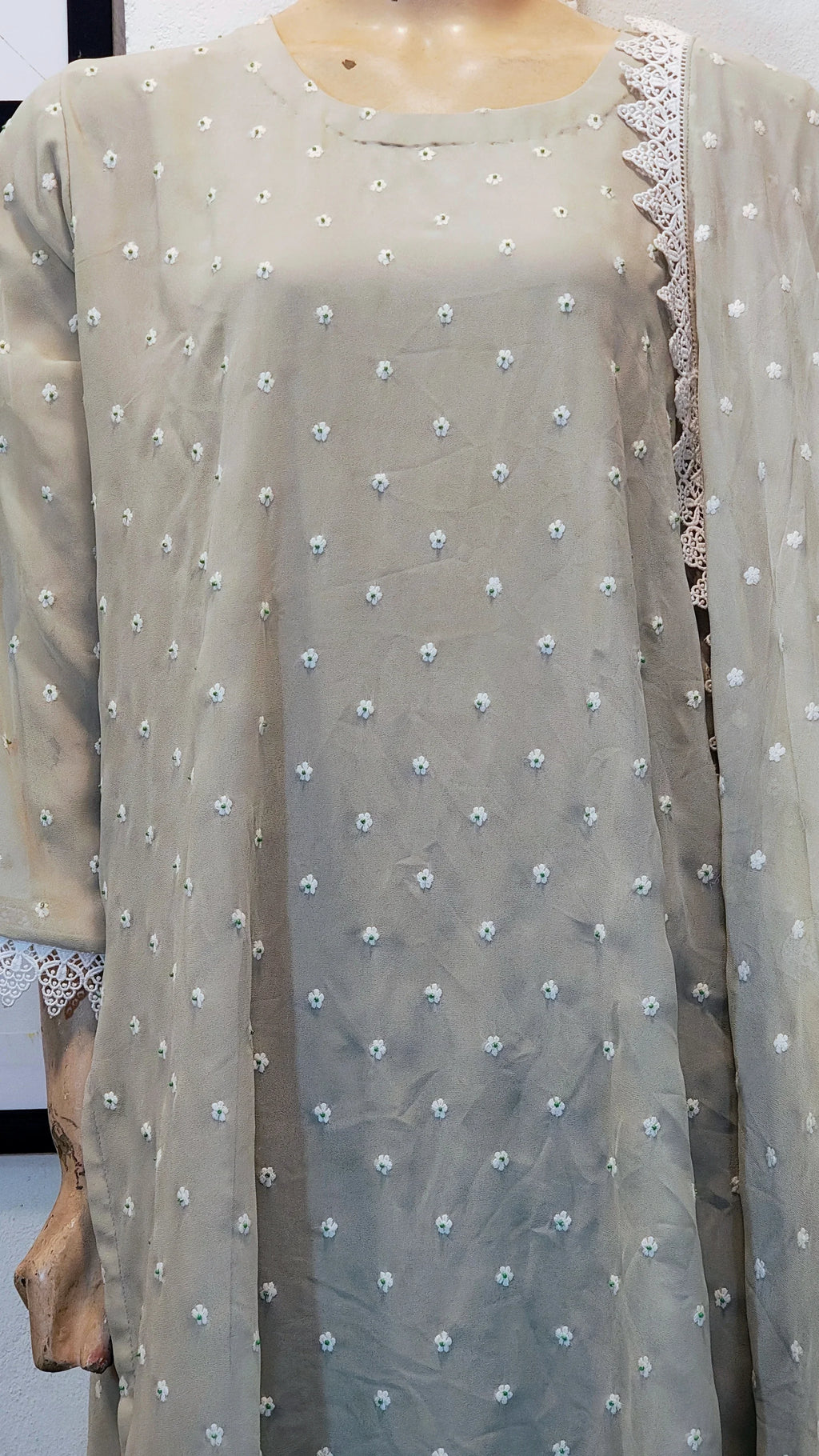 Sage Green Chiffon 3-Piece Suit with All-Over Embroidery & Scalloped Lace Borders