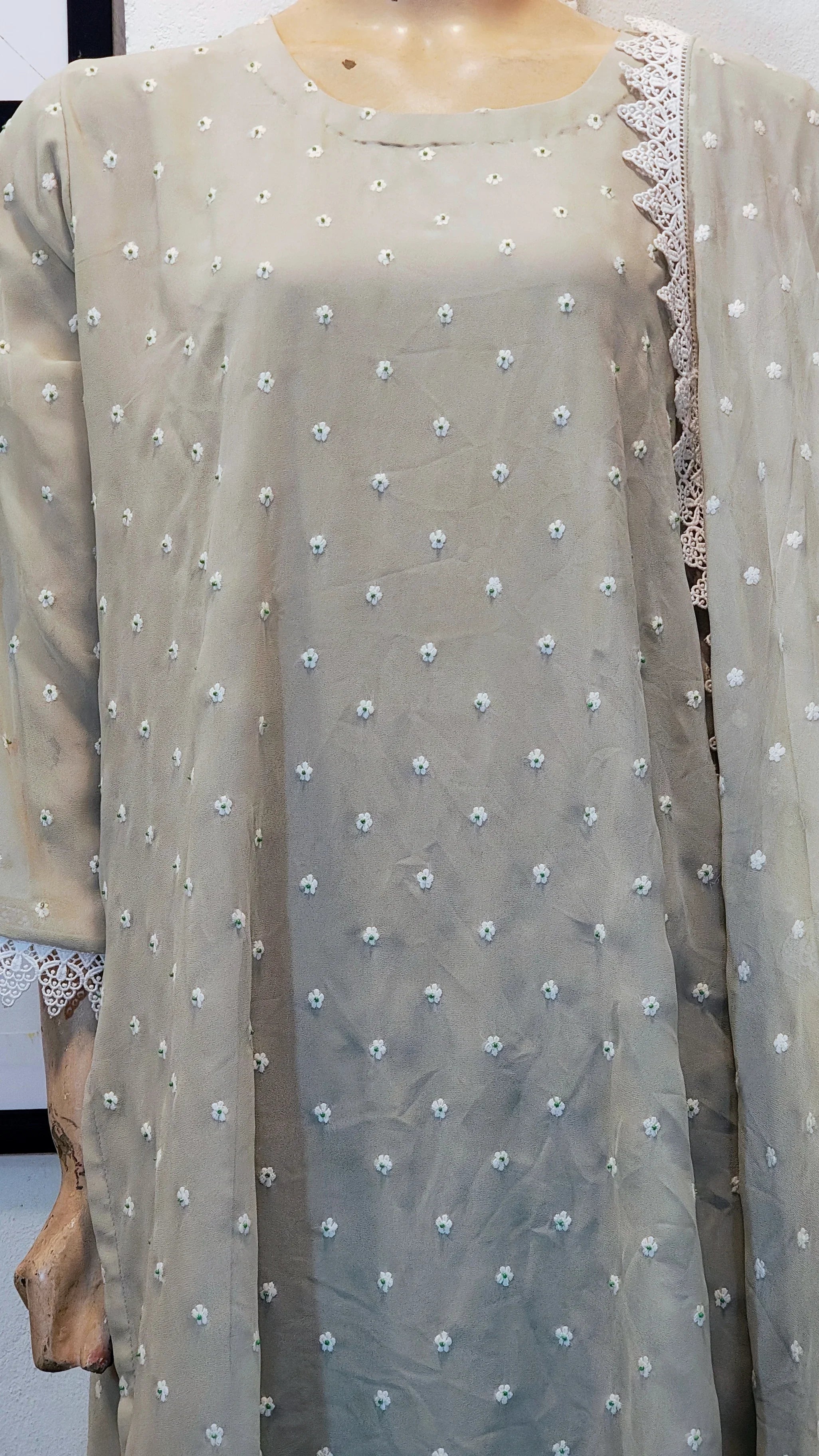 Sage Green Chiffon 3-Piece Suit with All-Over Embroidery & Scalloped Lace Borders