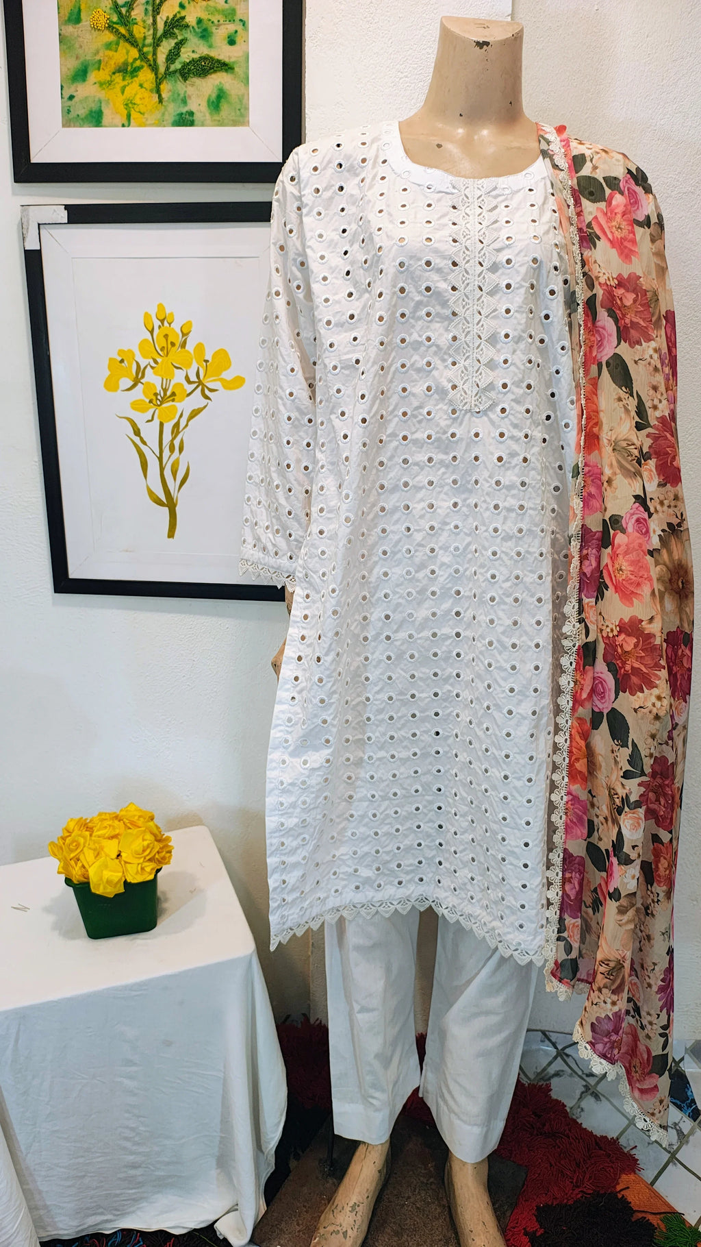 Pristine White Chikankari Eyelet 3-Piece Suit with Floral Print Dupatta