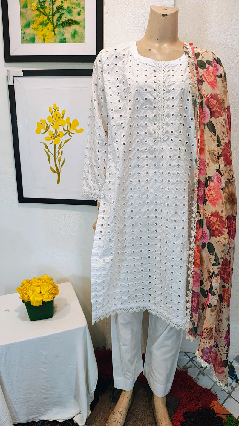 Pristine White Chikankari Eyelet 3-Piece Suit with Floral Print Dupatta