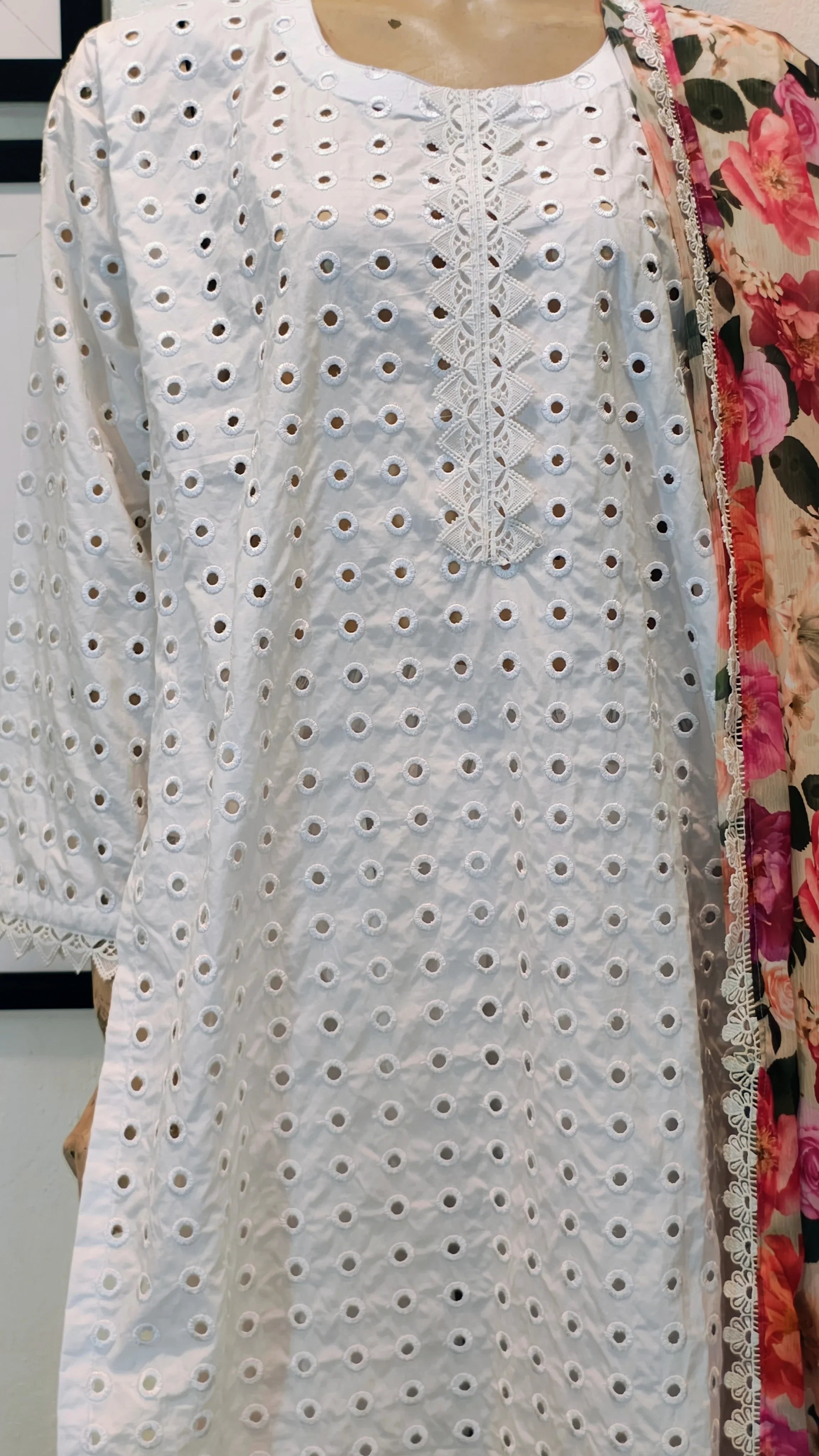 Pristine White Chikankari Eyelet 3-Piece Suit with Floral Print Dupatta