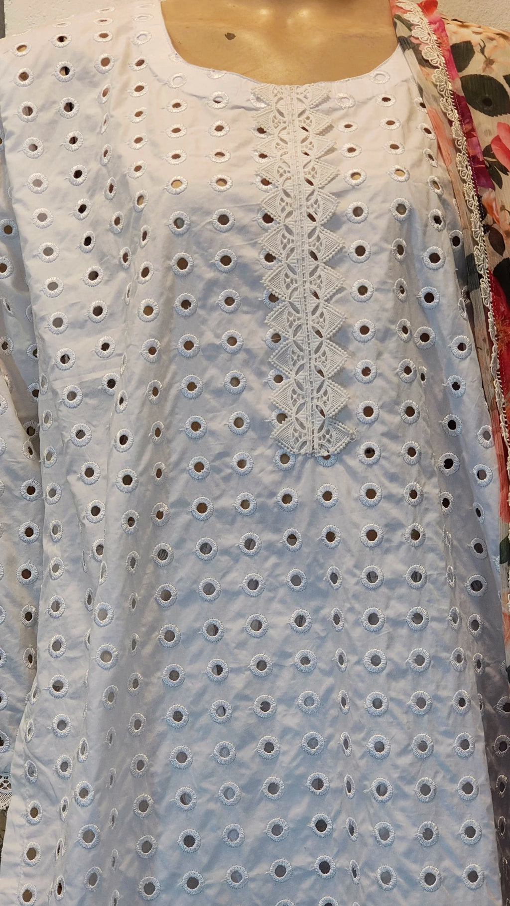 Pristine White Chikankari Eyelet 3-Piece Suit with Floral Print Dupatta