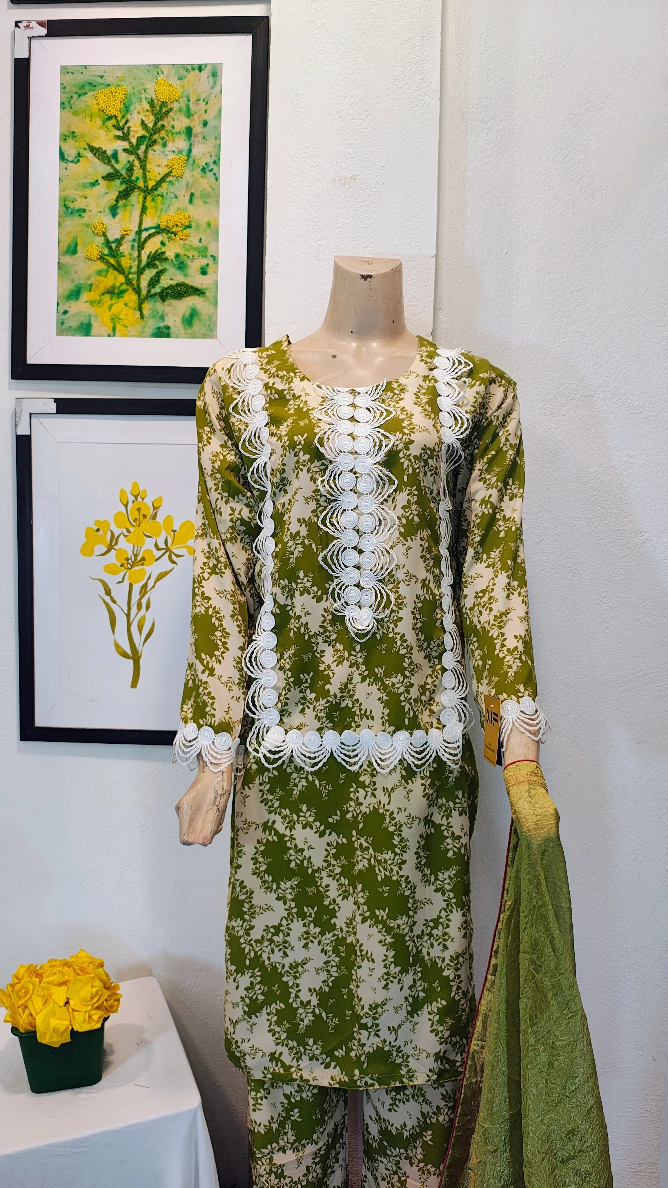 Olive Botanical Print 3-Piece Suit with Bold White Lace Appliqué