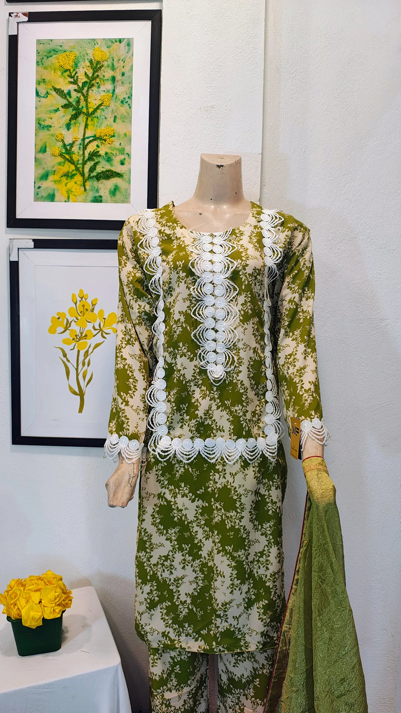 Olive Botanical Print 3-Piece Suit with Bold White Lace Appliqué